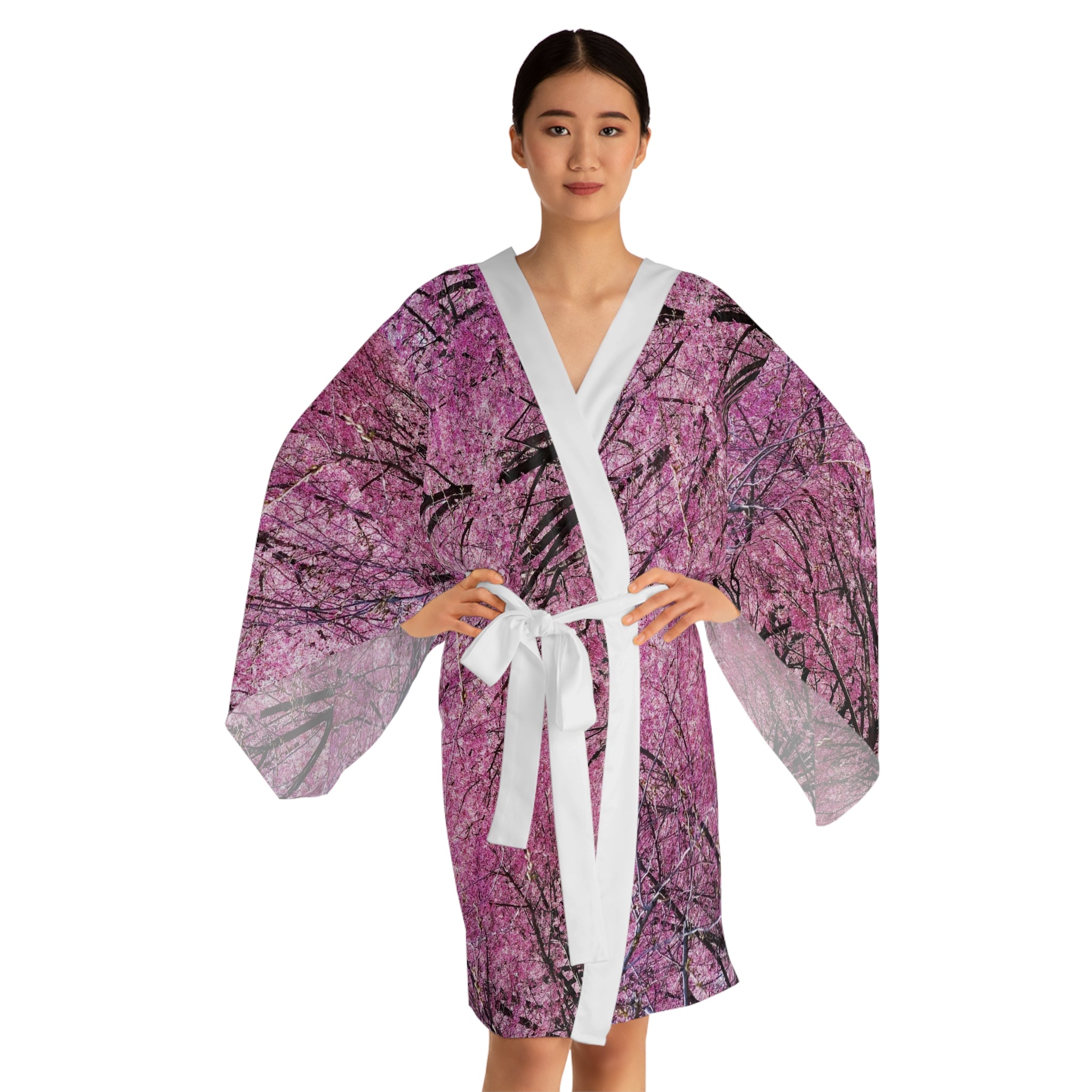 Flushing Queens Cherry Blossom Kimono Robe — Pink Sakura Long Sleeve House Robe