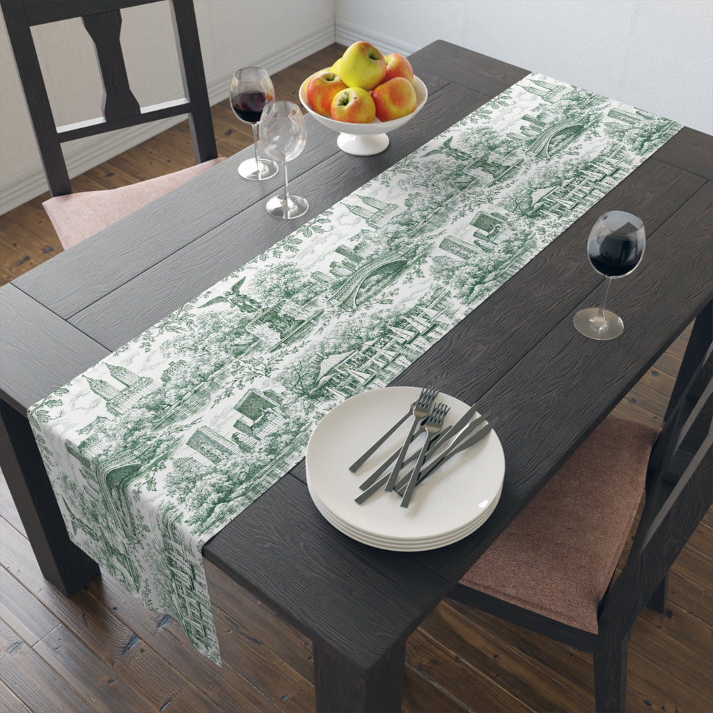 Central Park NYC Green Toile de Jouy Table Runner — New York Chinoiserie Dining Table Decor