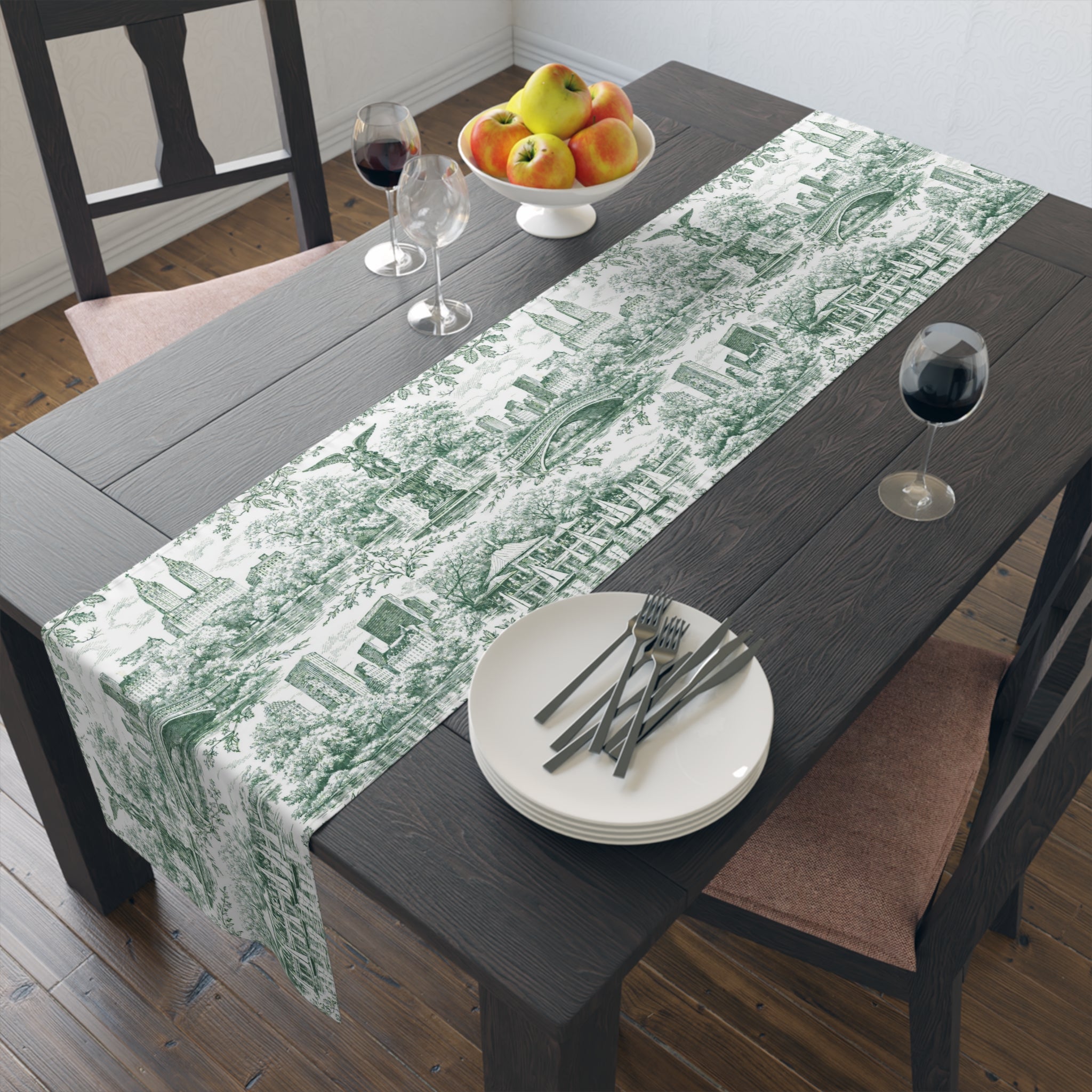 Central Park NYC Green Toile de Jouy Table Runner — New York Chinoiserie Dining Table Decor