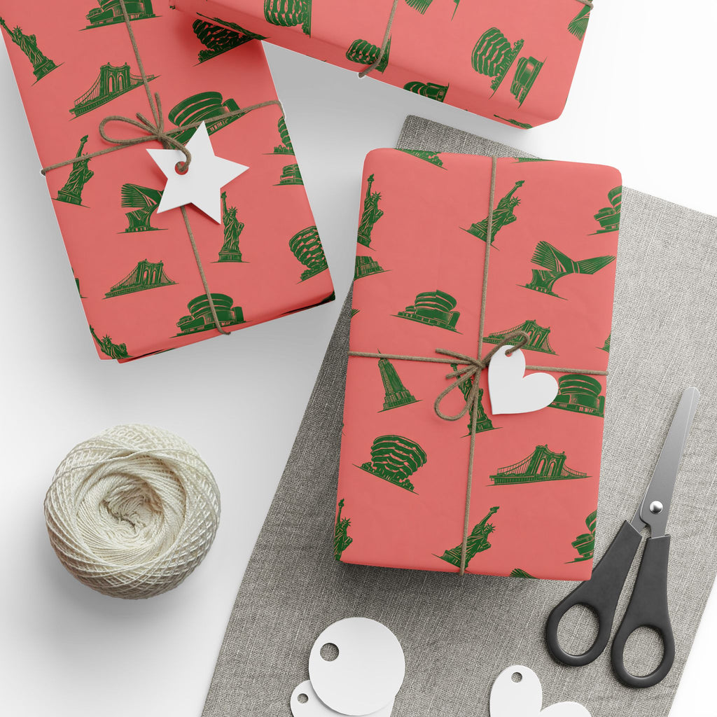NYC Landmarks on Pink Gift Wrap Paper | New York Statue of Liberty Oculus Vessel Brooklyn Bridge Guggenheim Wrapping Paper Roll