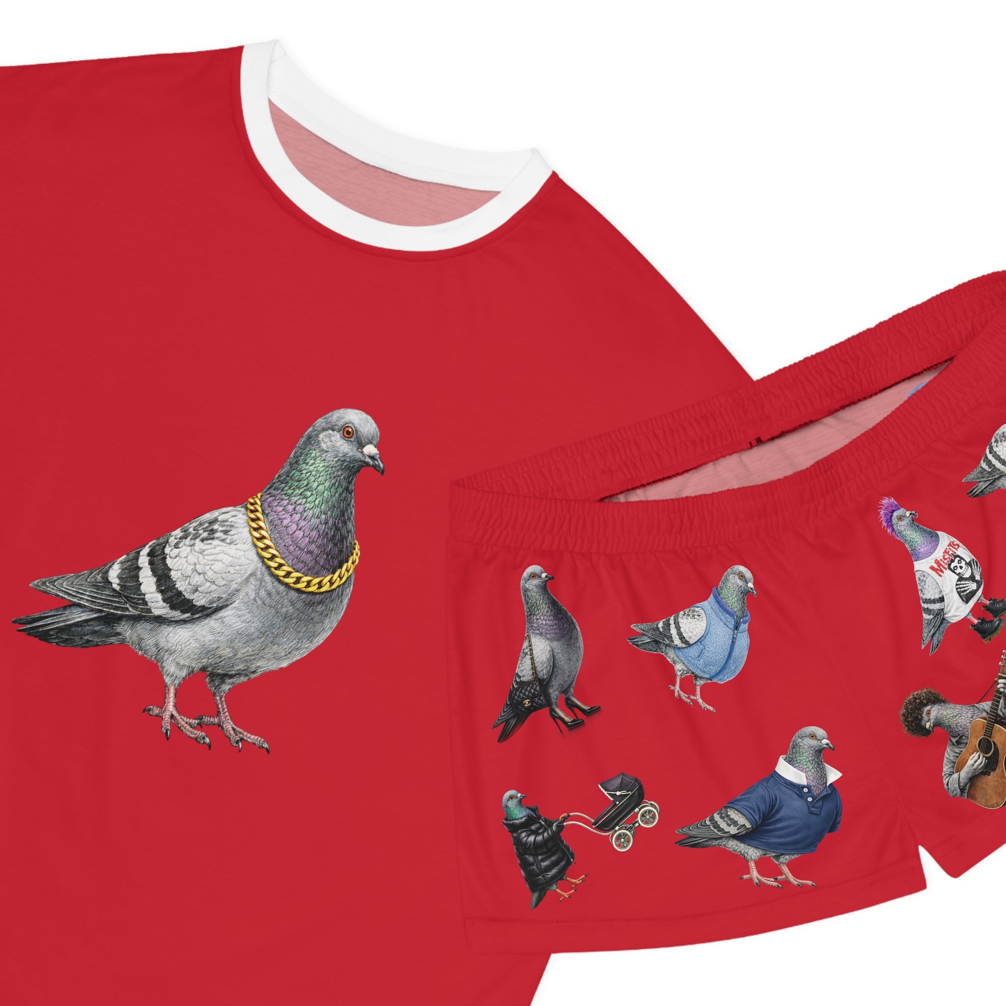 Red NYC Pigeons Pattern Short Pajama Set | New York City Bird Lovers PJs Cozy Sleepwear