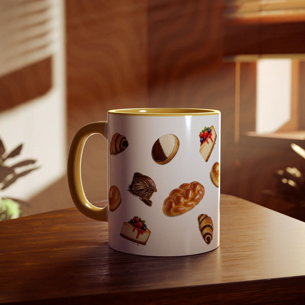 NYC Kosher Bakery Pattern Mug | Babka Cheesecake Rugelach Black + White Cookie Challah Bagel 11oz Ceramic Coffee Cup