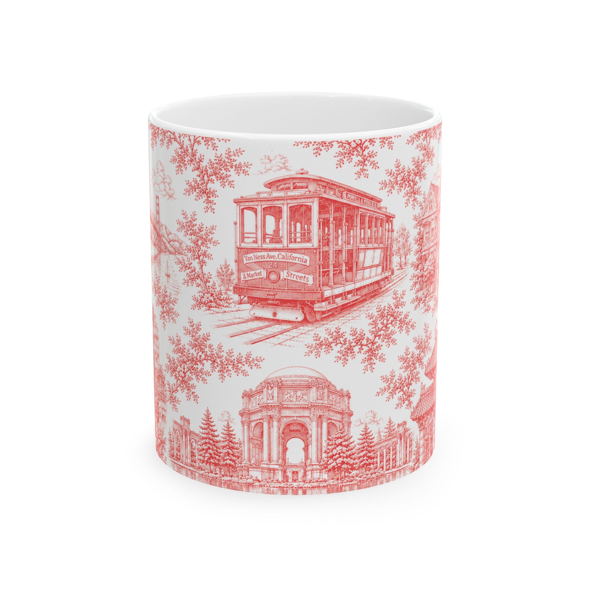 San Francisco RedToile de Jouy Ceramic Mug — Vintage Cable Car & Palace of Fine Arts Design (11oz)