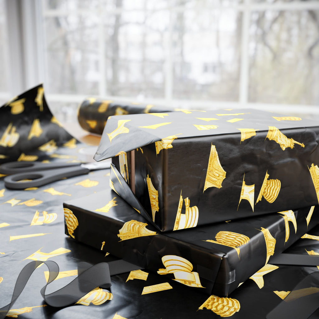 Gold NYC Landmarks on Black Gift Wrap Paper | New York Statue of Liberty Oculus Vessel Brooklyn Bridge Guggenheim Wrapping Paper Roll