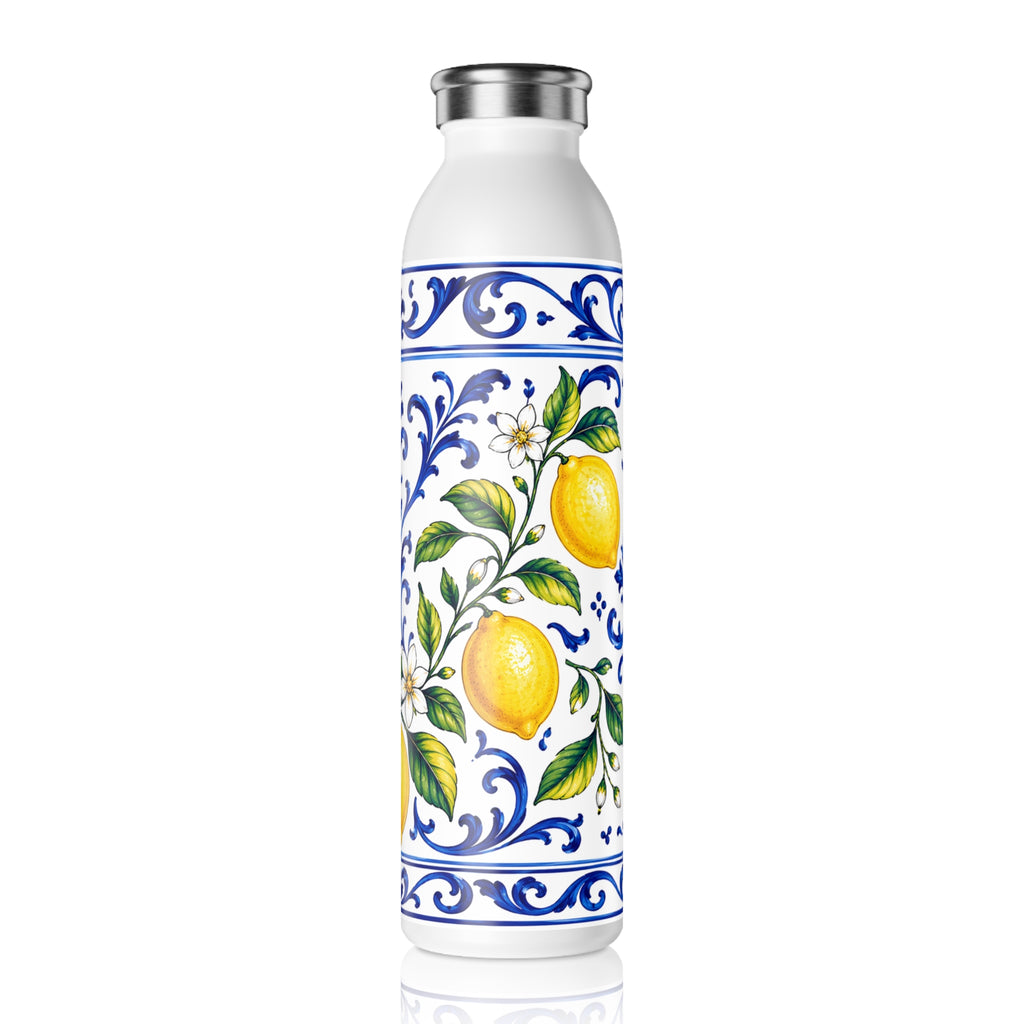Little Italy Amalfi Blue and White with Lemon Slim Water Bottle — Mediterranean Lemon Ceramic-Style Stainless Bottle