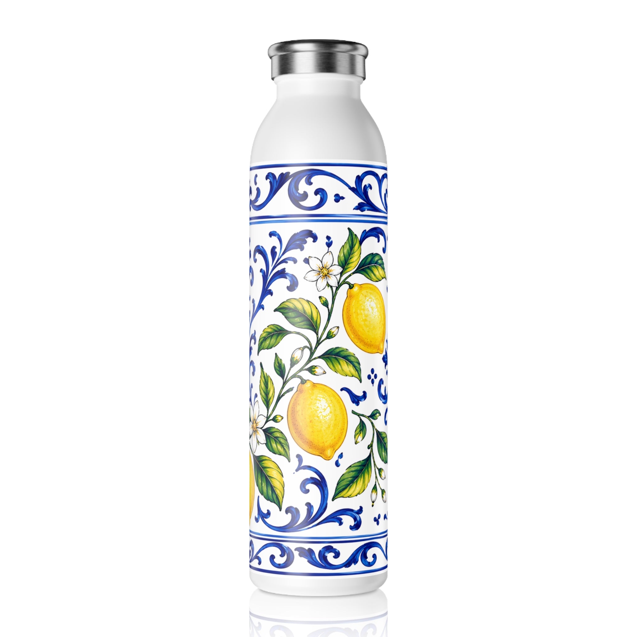 Little Italy Amalfi Blue and White with Lemon Slim Water Bottle — Mediterranean Lemon Ceramic-Style Stainless Bottle