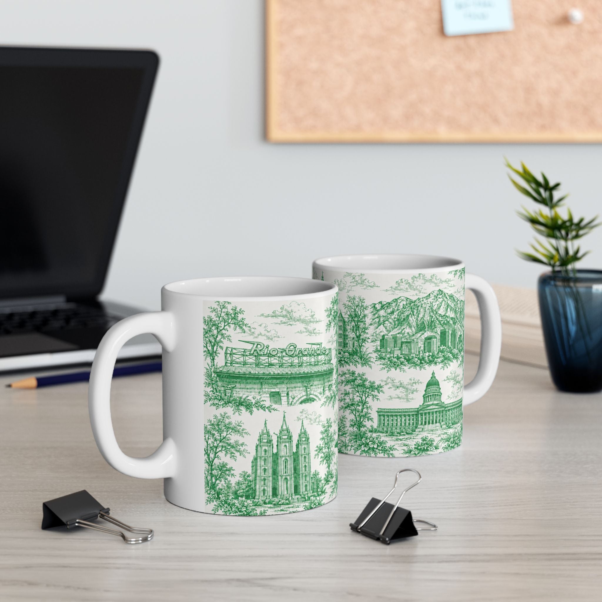 Salt Lake City Green Toile de Jouy Mug —  Ceramic Coffee Cup (11oz)
