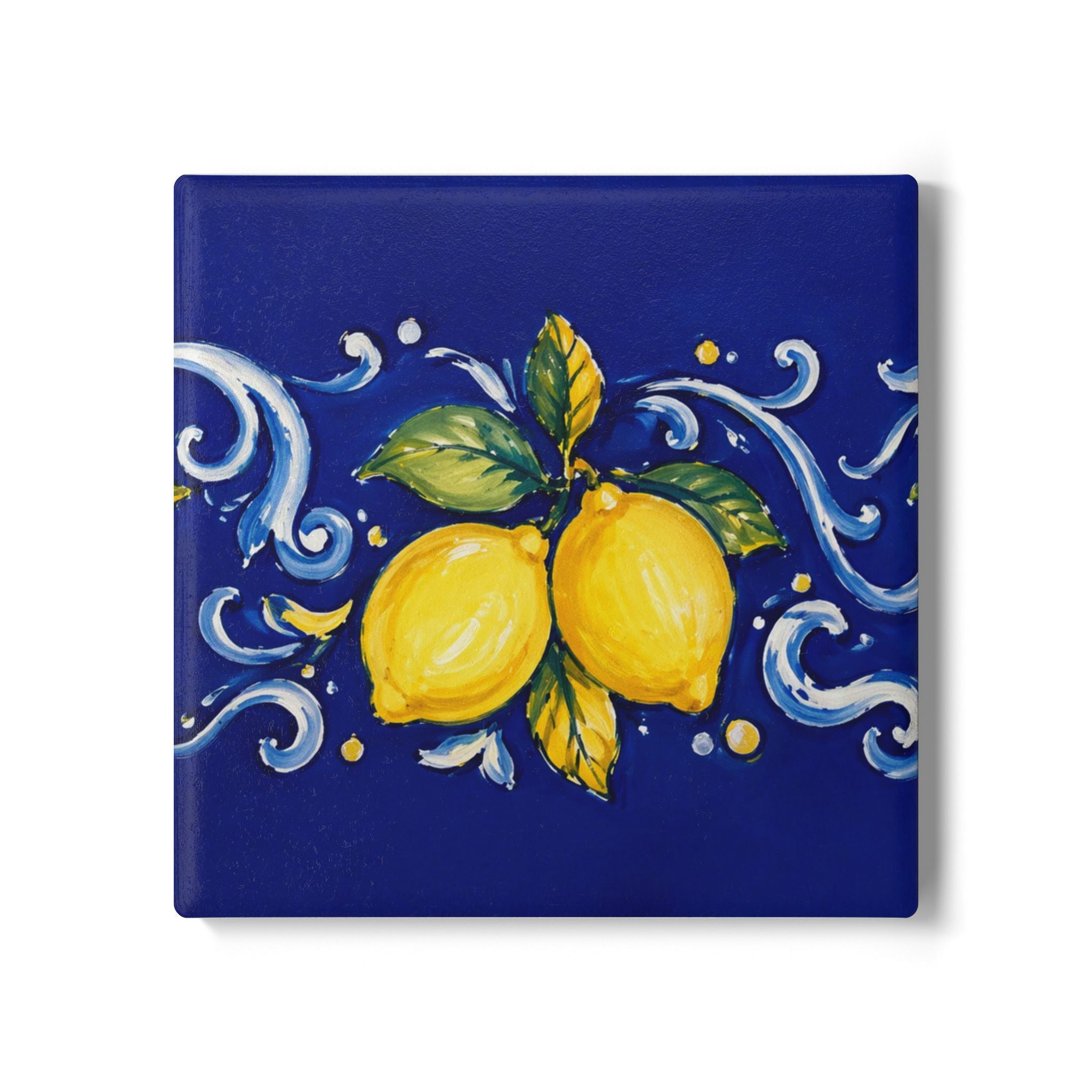 Little Italy Amalfi Blue with Lemon Ceramic Coaster — Mediterranean Lemon Pattern Drink Coaster