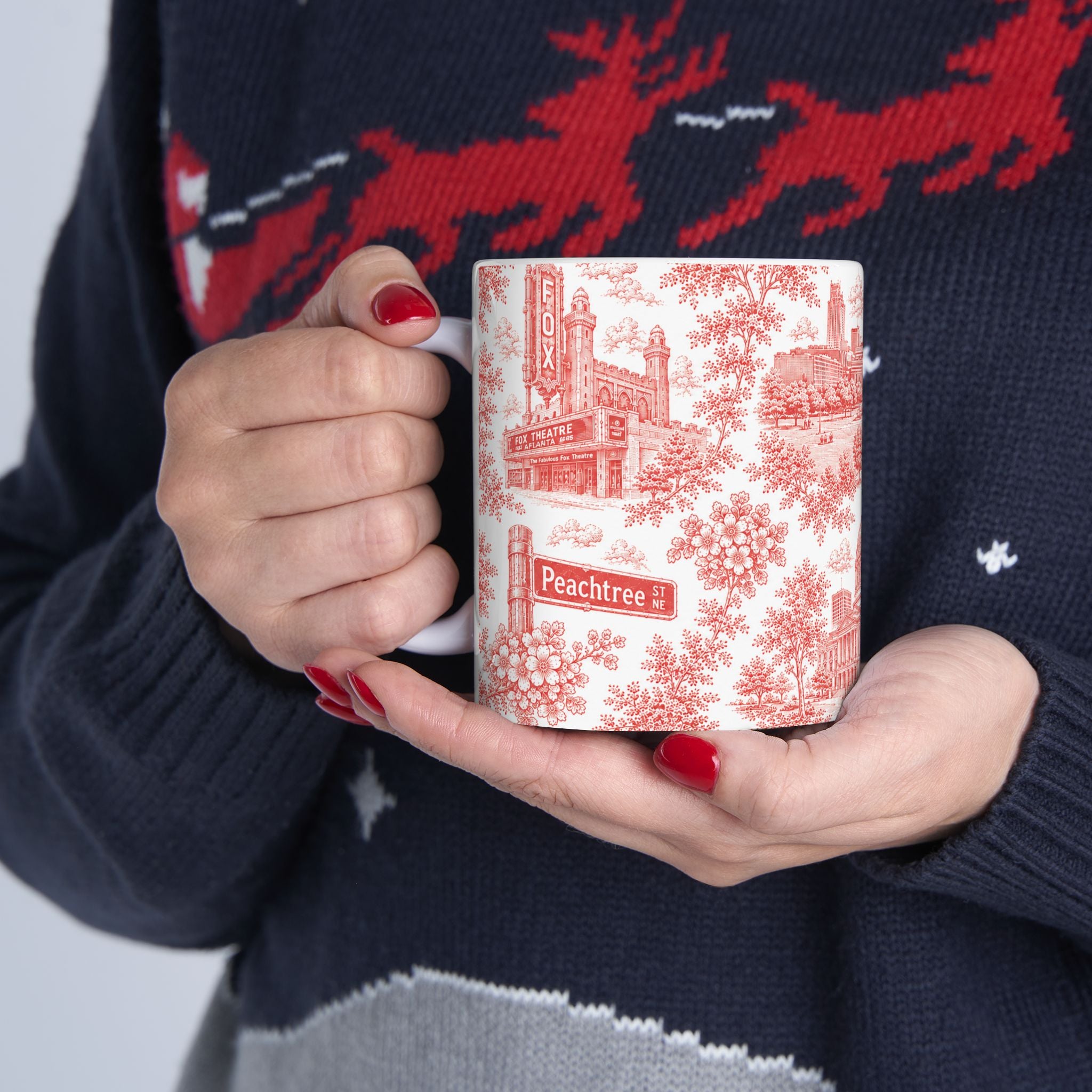 Atlanta Red Toile de Jouy Ceramic Mug — Atlanta, Georgia Skyline & Capitol Illustration (11oz)
