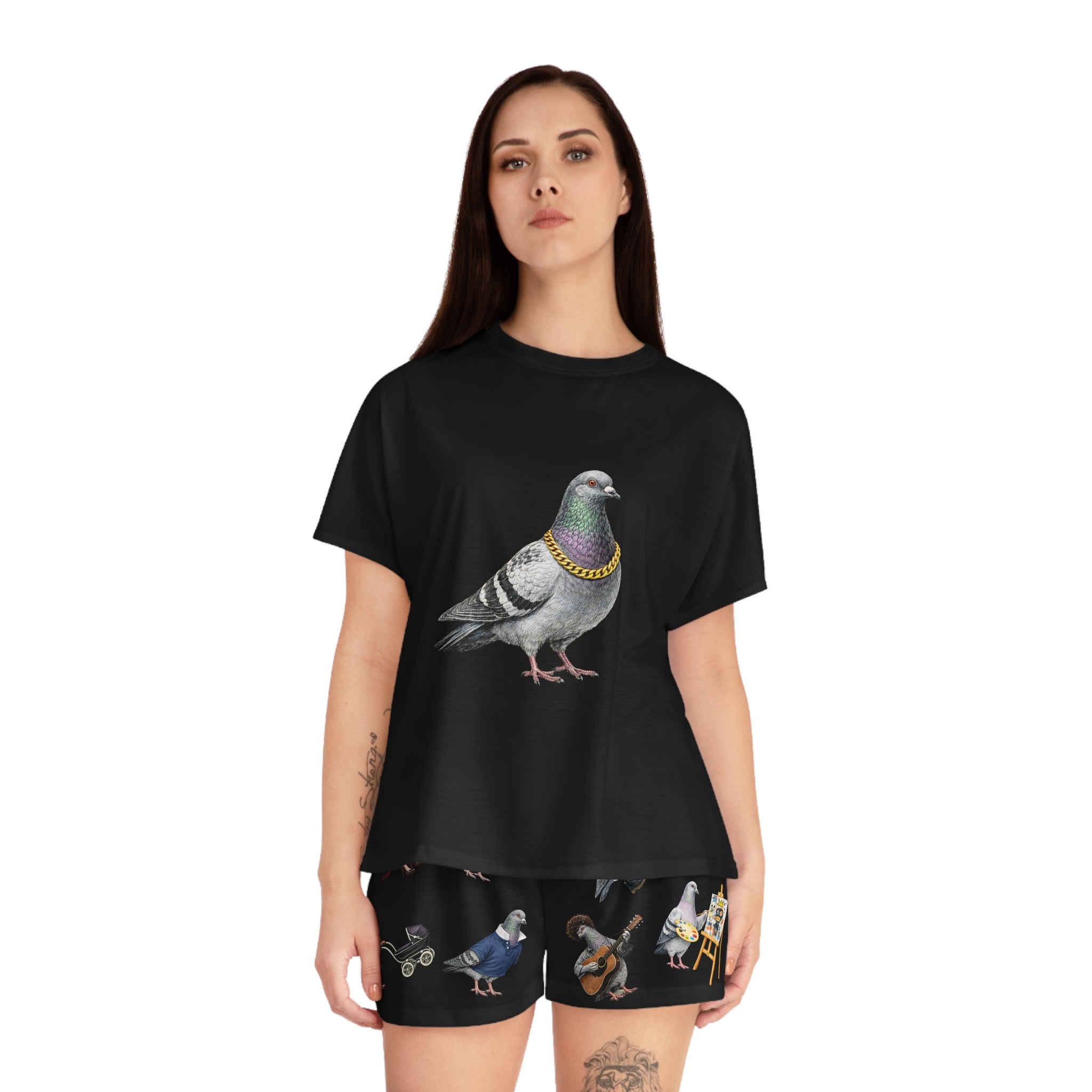 Black NYC Pigeons Pattern Short Pajama Set | New York City Bird Lovers Print PJs Cozy Sleepwear