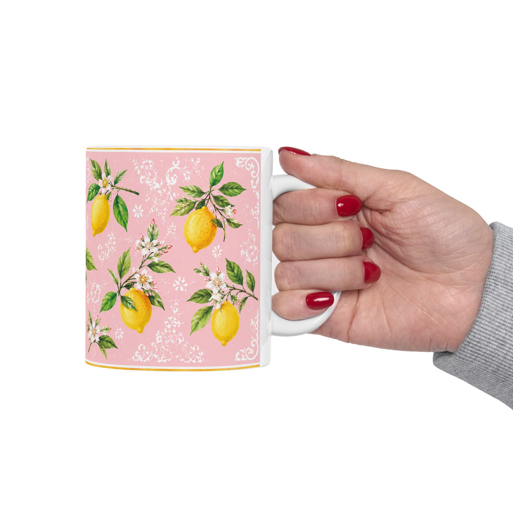 Little Italy Amalfi Pink with Lemon Mug 2 — Italian Mediterranean Pattern Coffee Cup (11oz)