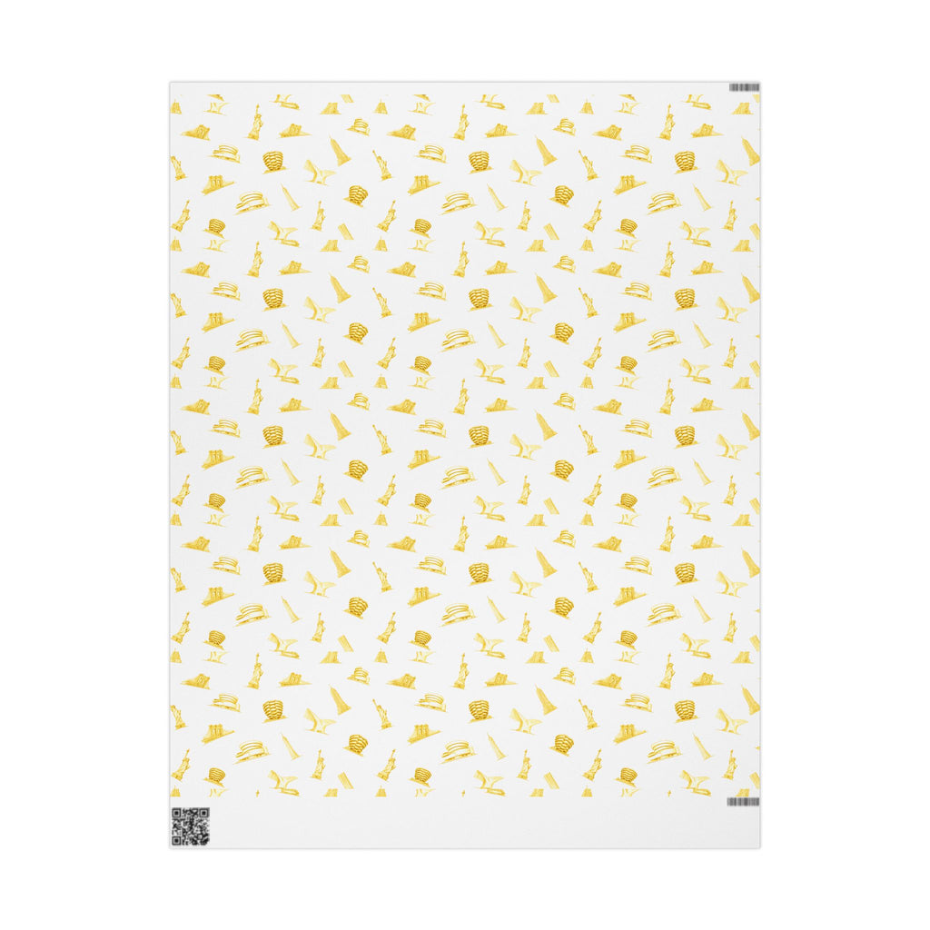 Gold NYC Landmarks on White Gift Wrap Paper | New York Statue of Liberty Oculus Vessel Brooklyn Bridge Guggenheim Wrapping Paper Roll
