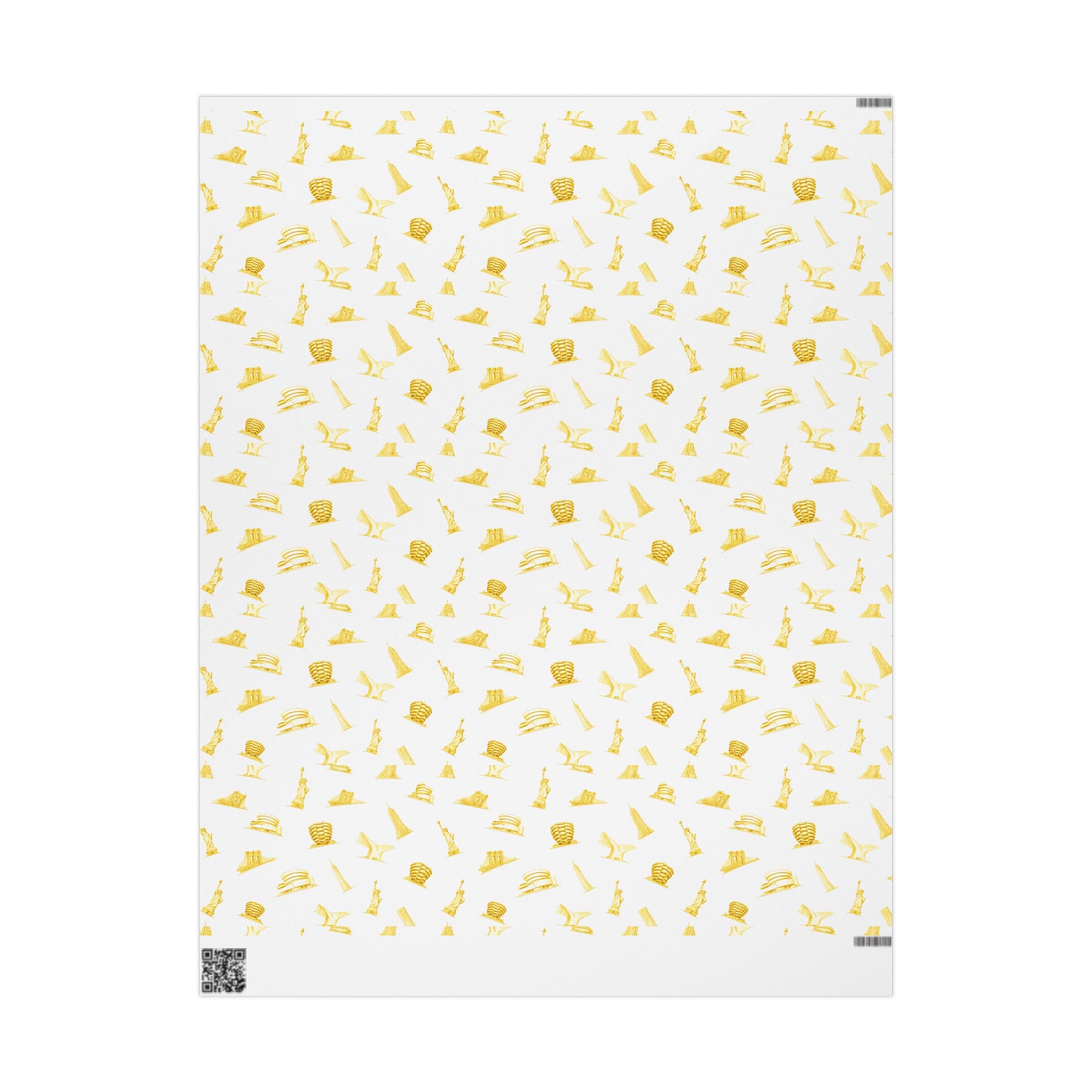 Gold NYC Landmarks on White Gift Wrap Paper | New York Statue of Liberty Oculus Vessel Brooklyn Bridge Guggenheim Wrapping Paper Roll