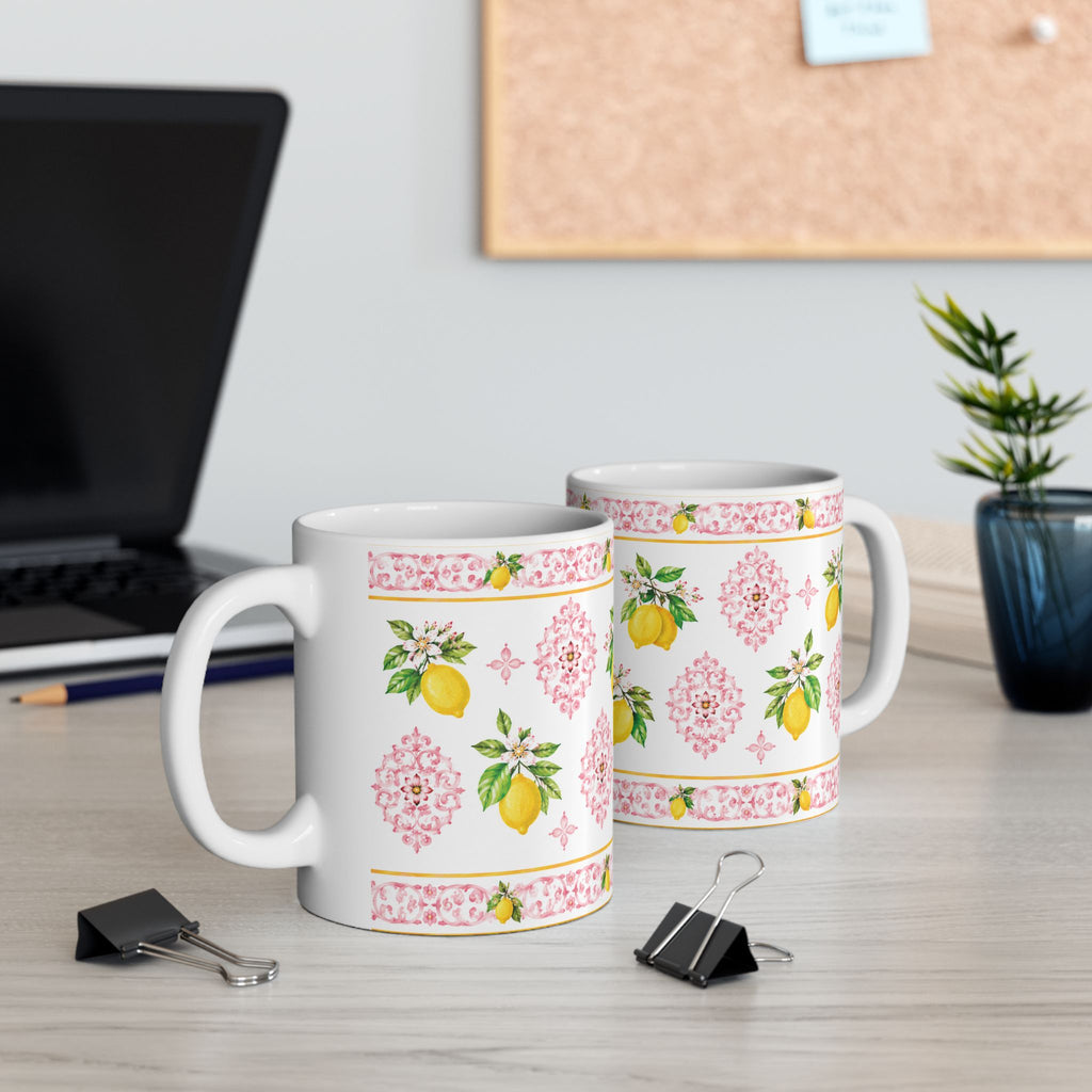 Little Italy Amalfi Pink with Lemon 3 Mug — Italian Mediterranean Pattern Coffee Cup (11oz)