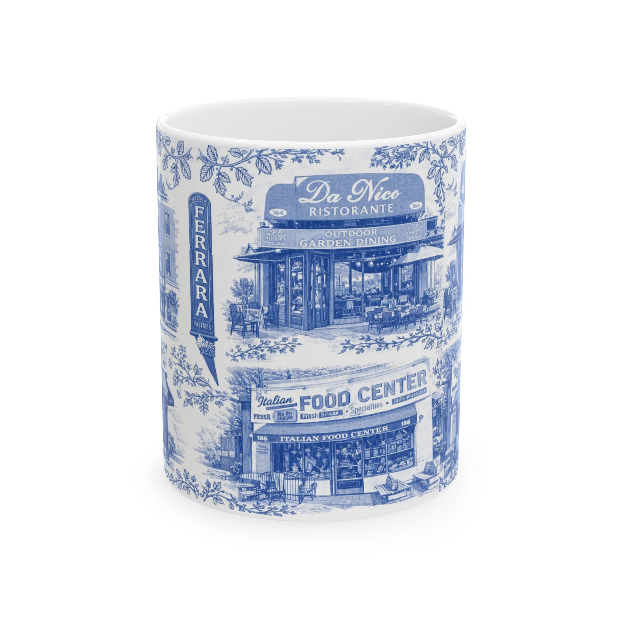 Little Italy Blue and White Toile Cityscape Mug | NYC Chinoiserie Ceramic Coffee Cup