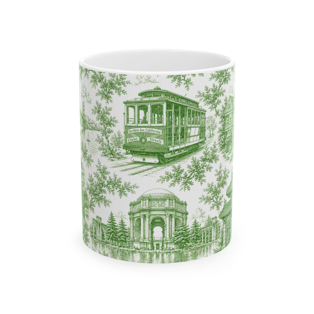 San Francisco Green Toile de Jouy Ceramic Mug — Vintage Cable Car & Palace of Fine Arts Design (11oz)