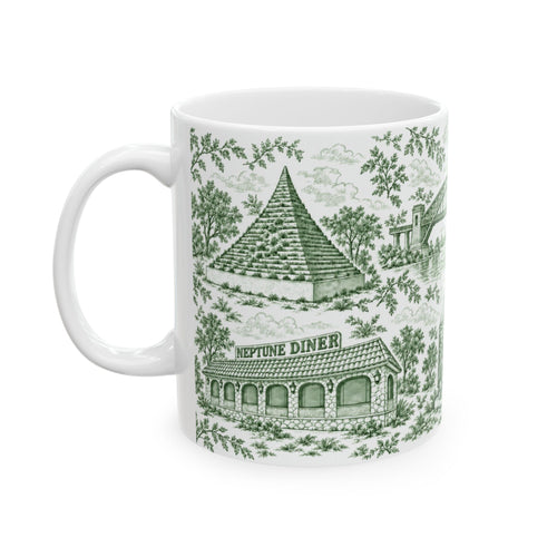 Astoria Green Toile Cityscape Ceramic Mug — 11oz Decorative Coffee Cup