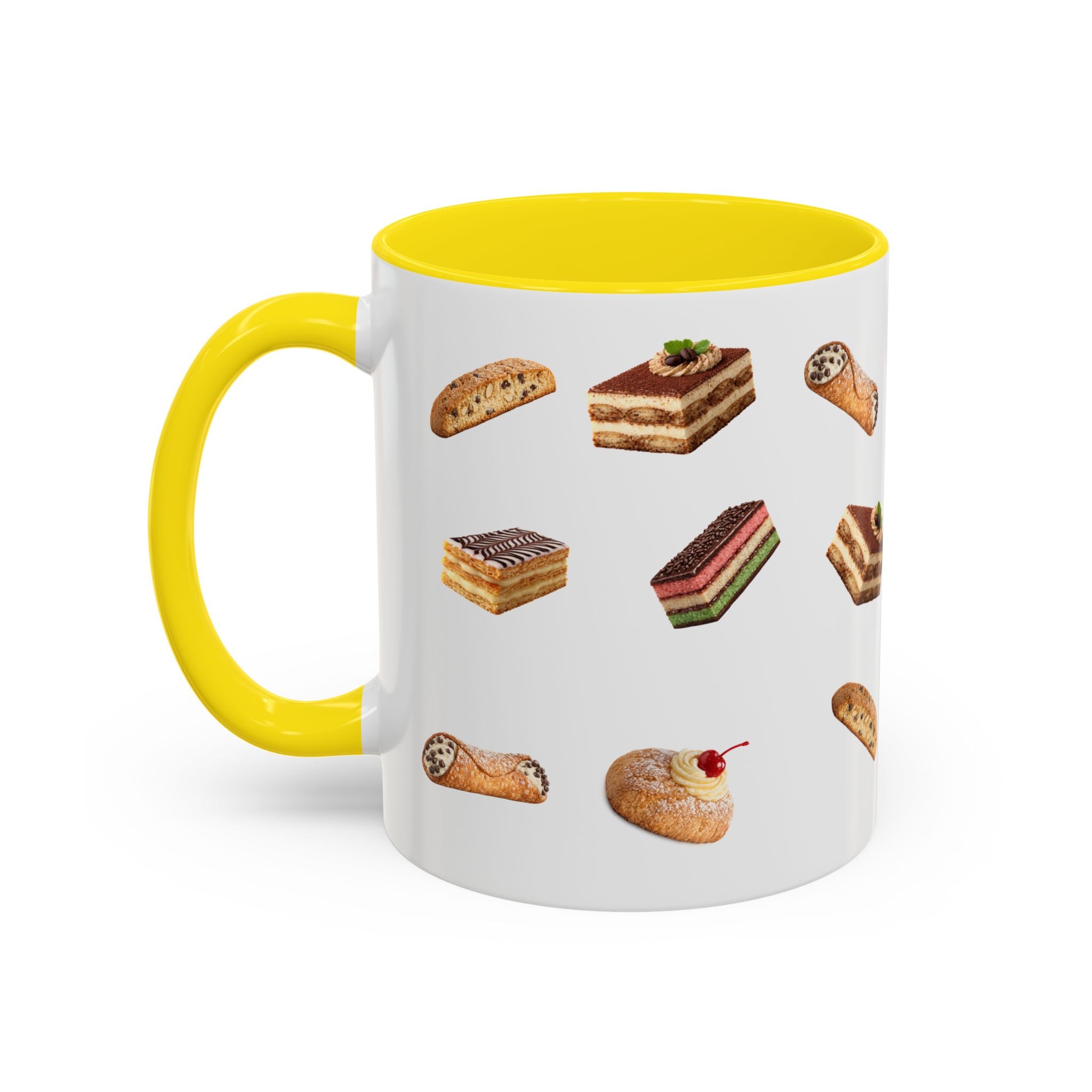 NYC Italian Bakery Pattern Accent Mug | Cannoli Rainbow Cookie Zeppoli Tiramisu Biscotti Napoleon 11oz Ceramic Coffee Cup