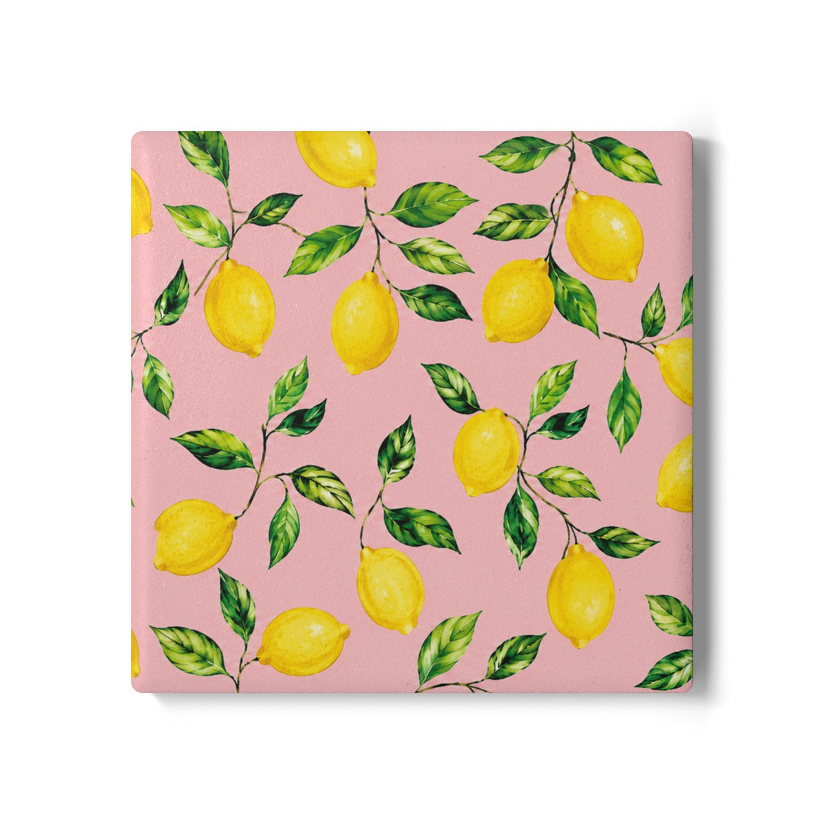 Little Italy Amalfi Pink with Lemon Ceramic Coaster — Mediterranean Lemon Pattern Drink Coaster
