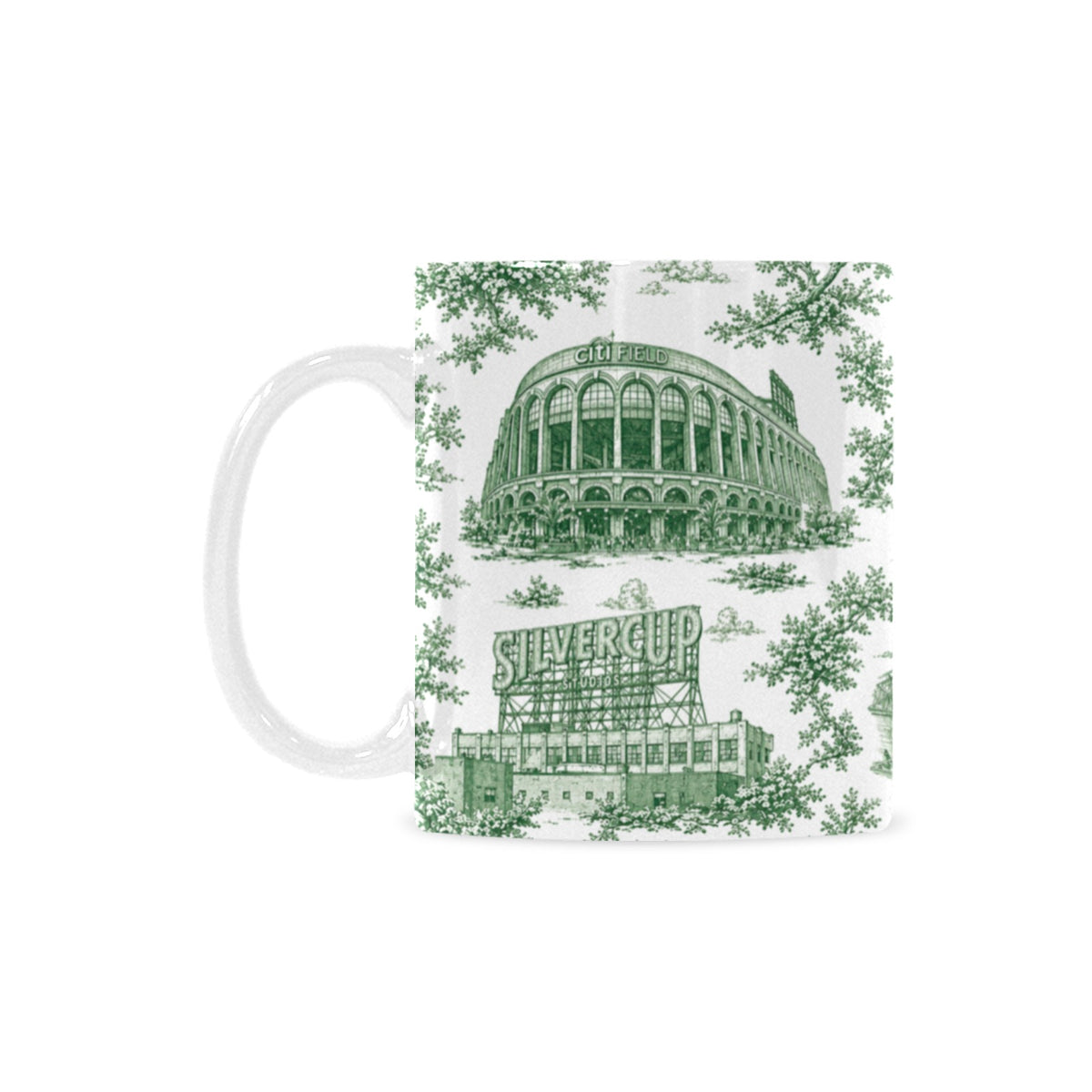 Queens Green Toile de Jouy Mug | New York City Chinoiserie Ceramic Coffee Cup Custom White Mug (11oz)