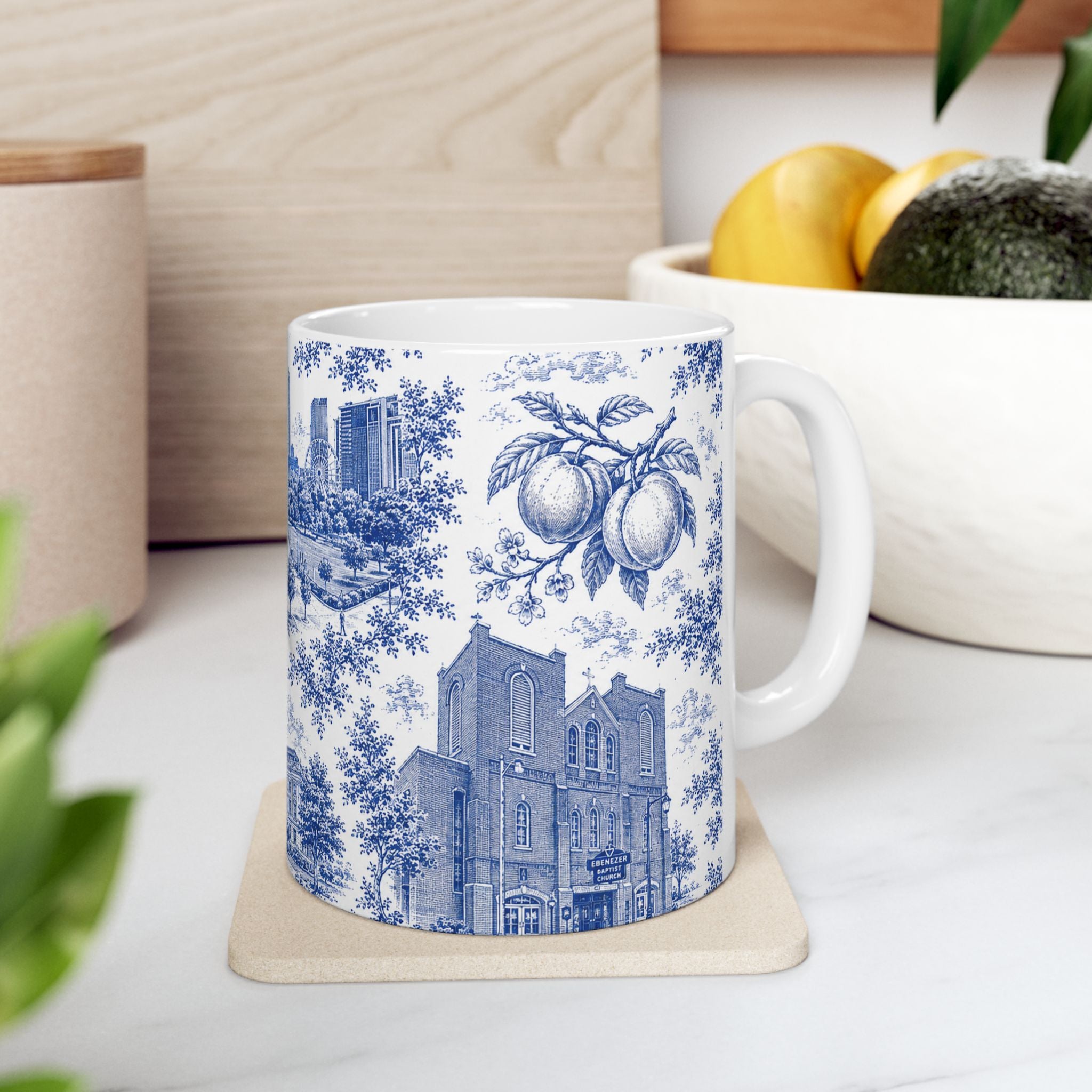 Atlanta Blue Toile de Jouy Ceramic Mug — Atlanta, Georgia Skyline & Capitol Illustration (11oz)