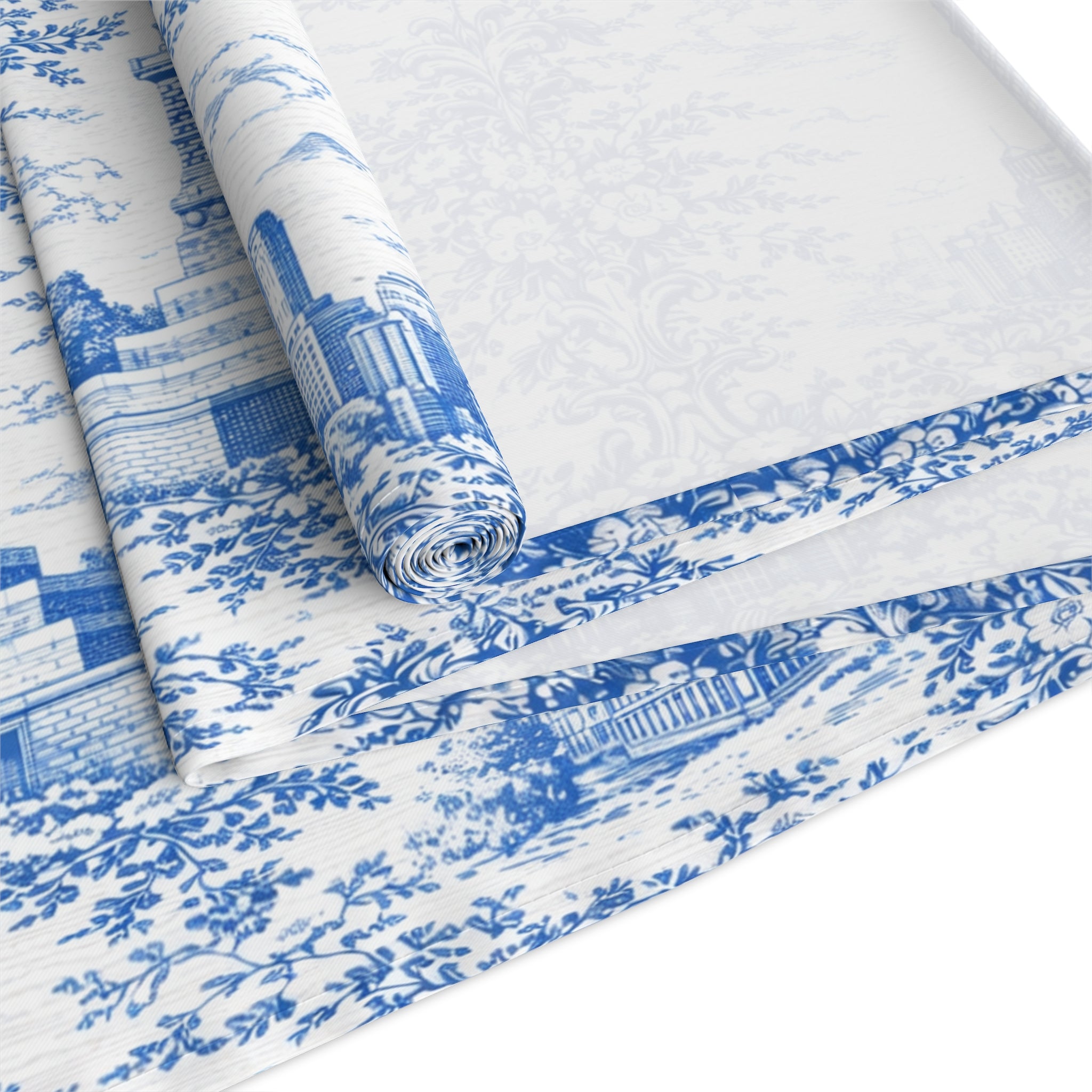 Blue Toile de Jouy New York City Cityscape Table Runner — Scenic NYC Chinoiserie Skyline Dining table Decor
