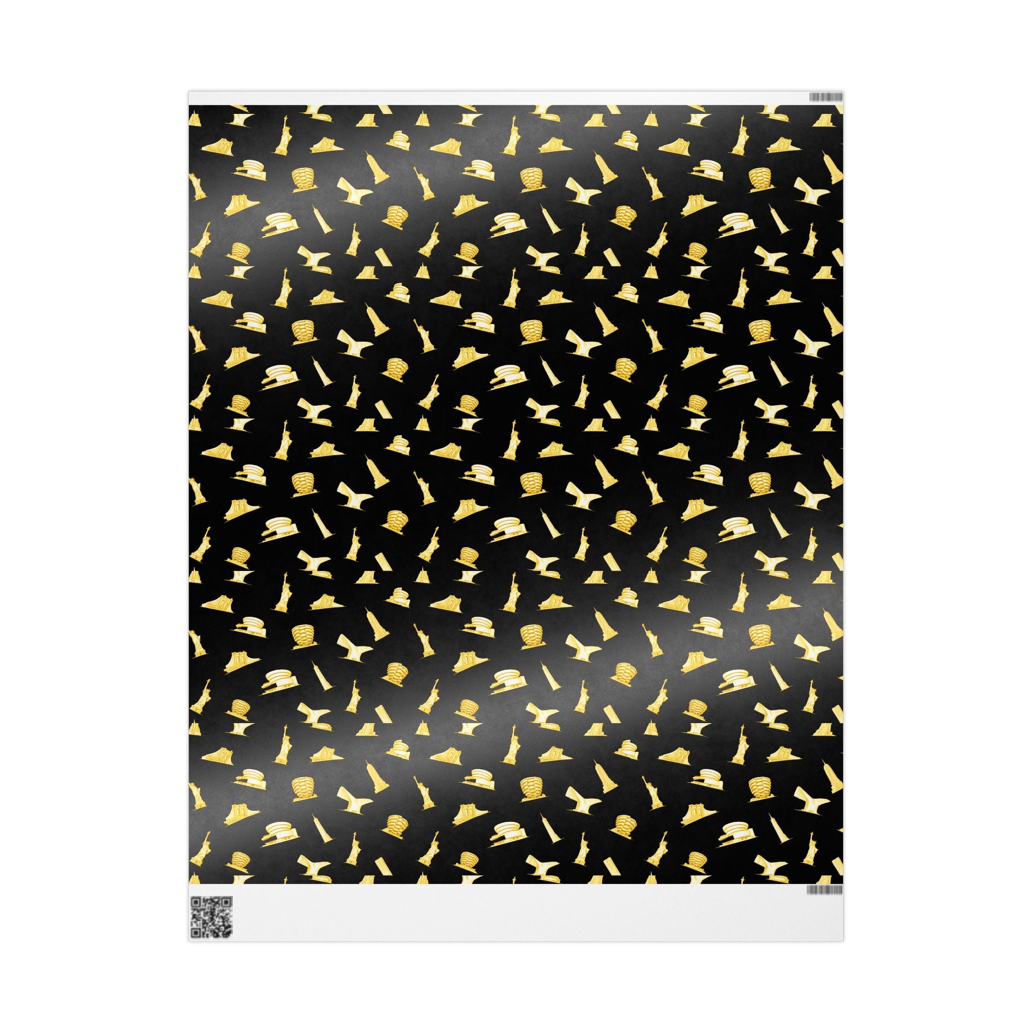 Gold NYC Landmarks on Black Gift Wrap Paper | New York Statue of Liberty Oculus Vessel Brooklyn Bridge Guggenheim Wrapping Paper Roll