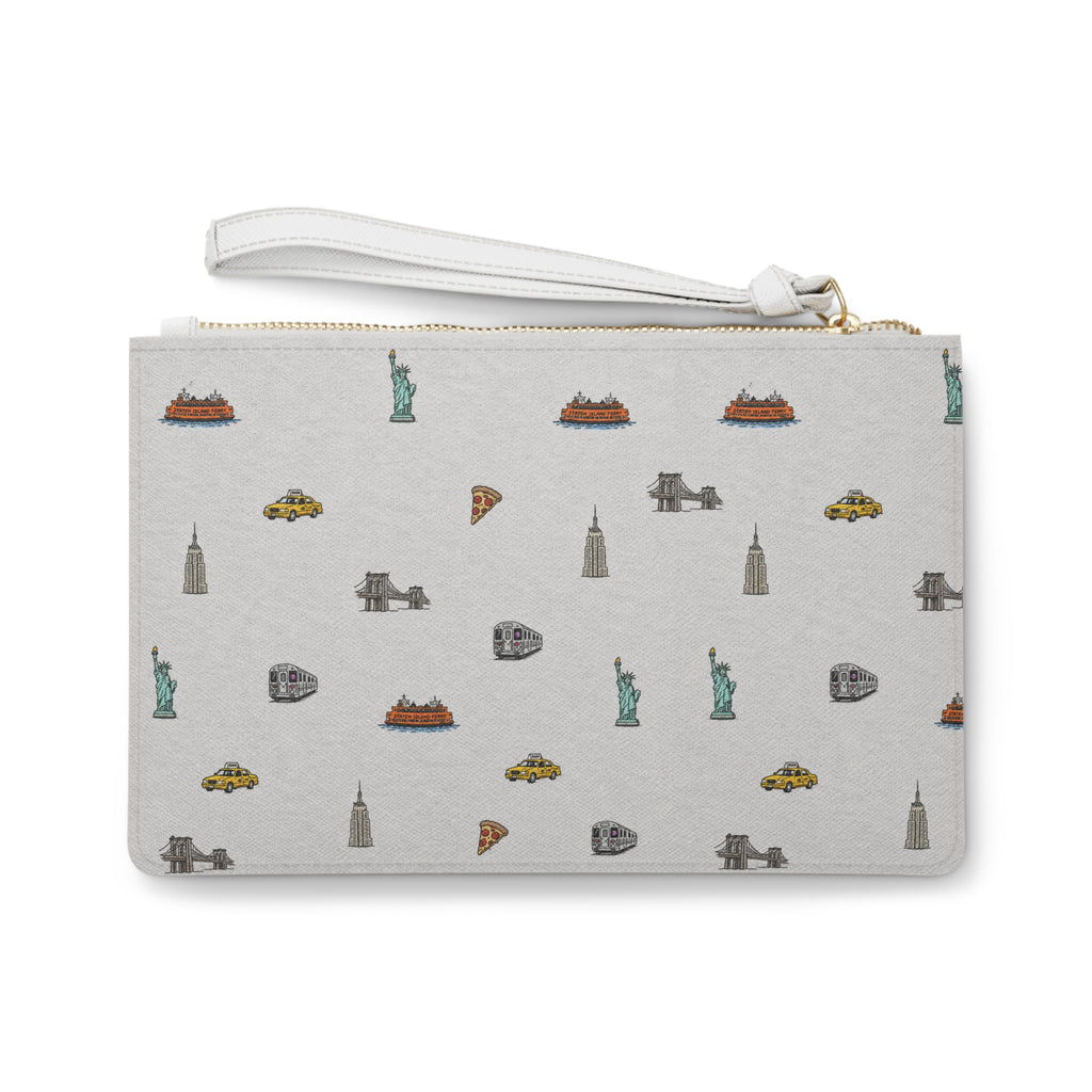 Icons of New York City Heather Gray Clutch — Statue of Liberty, Taxi & Pizza Pattern