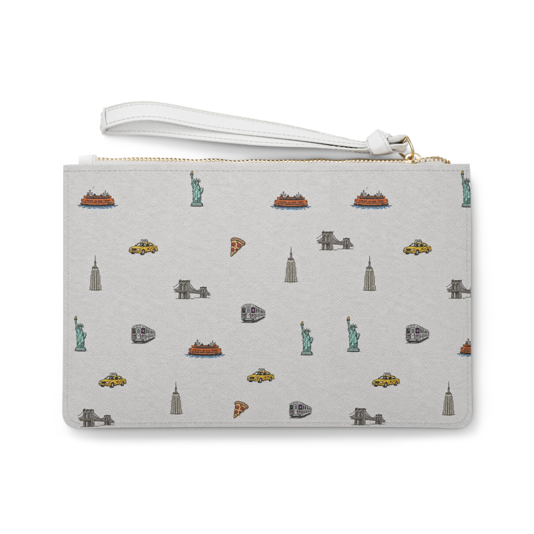 Icons of New York City Heather Gray Clutch — Statue of Liberty, Taxi & Pizza Pattern