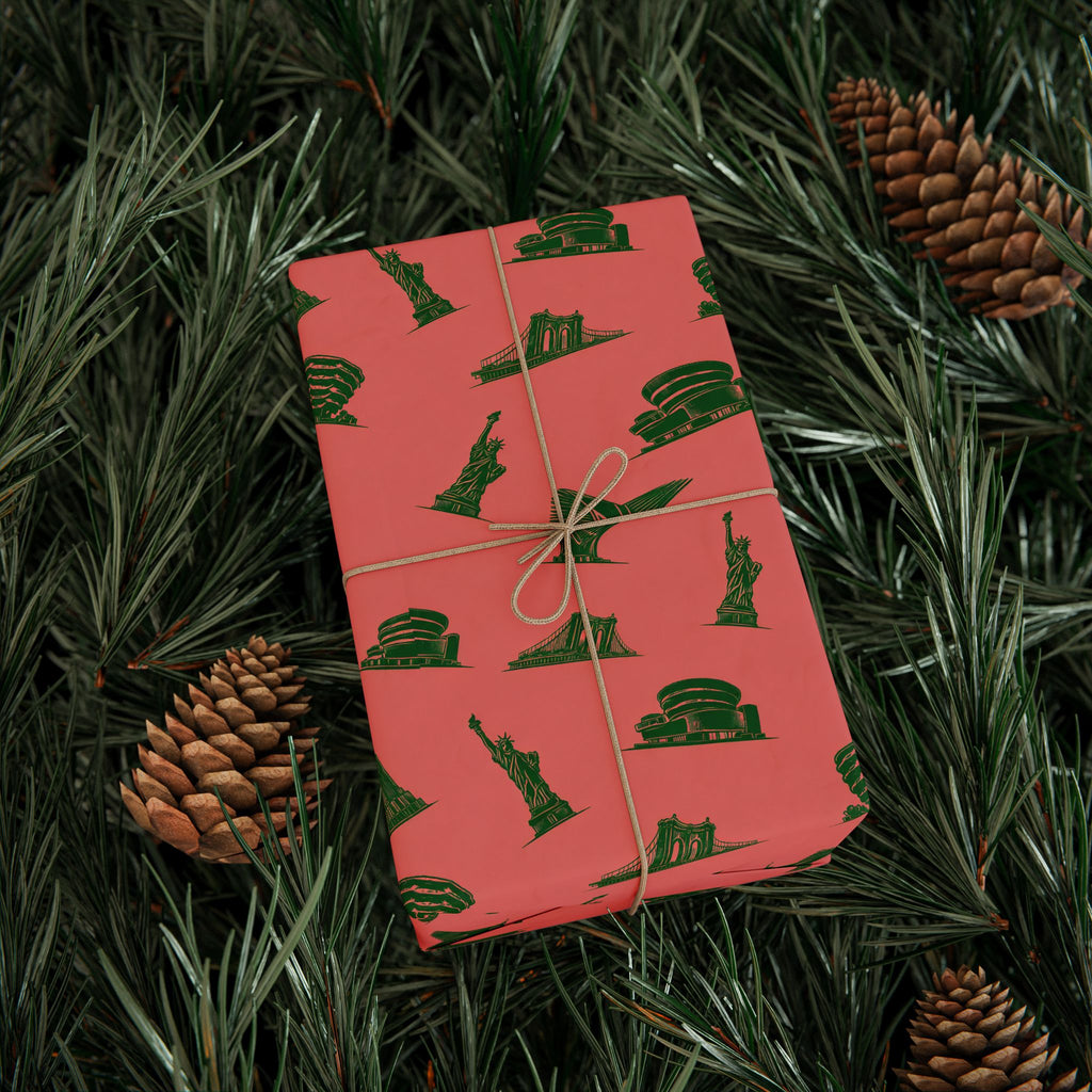 NYC Landmarks on Pink Gift Wrap Paper | New York Statue of Liberty Oculus Vessel Brooklyn Bridge Guggenheim Wrapping Paper Roll