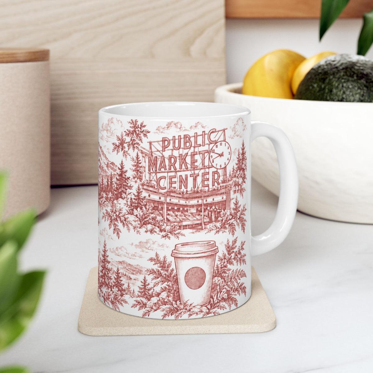 Seattle Red Toile de Jouy Ceramic Mug — Seatlle Washington and Surroundings Coffee Cup (11oz)