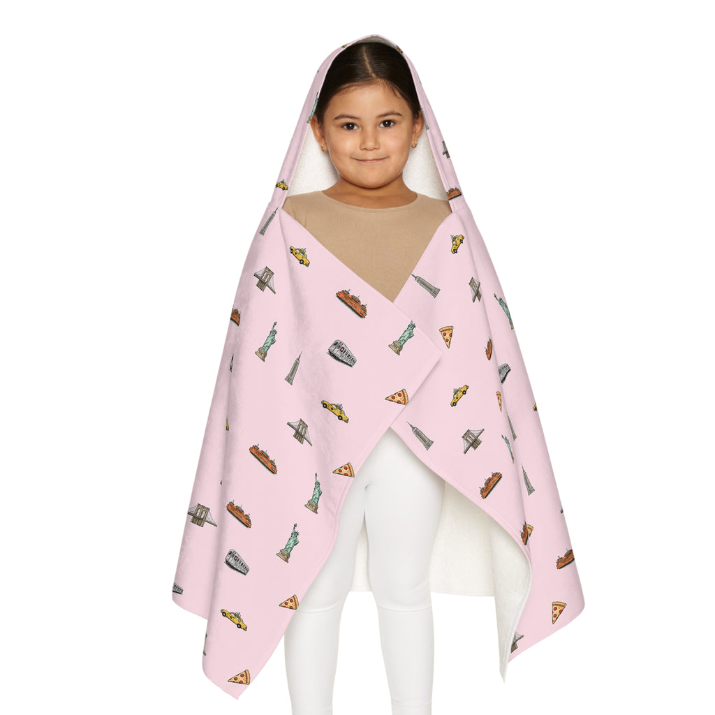Icons of New York City Pink Hooded Kids Towel — Statue of Liberty, Pizza & Skyline Childrens Towel