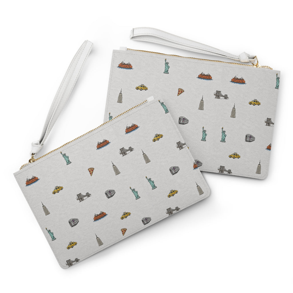 Icons of New York City Heather Gray Clutch — Statue of Liberty, Taxi & Pizza Pattern