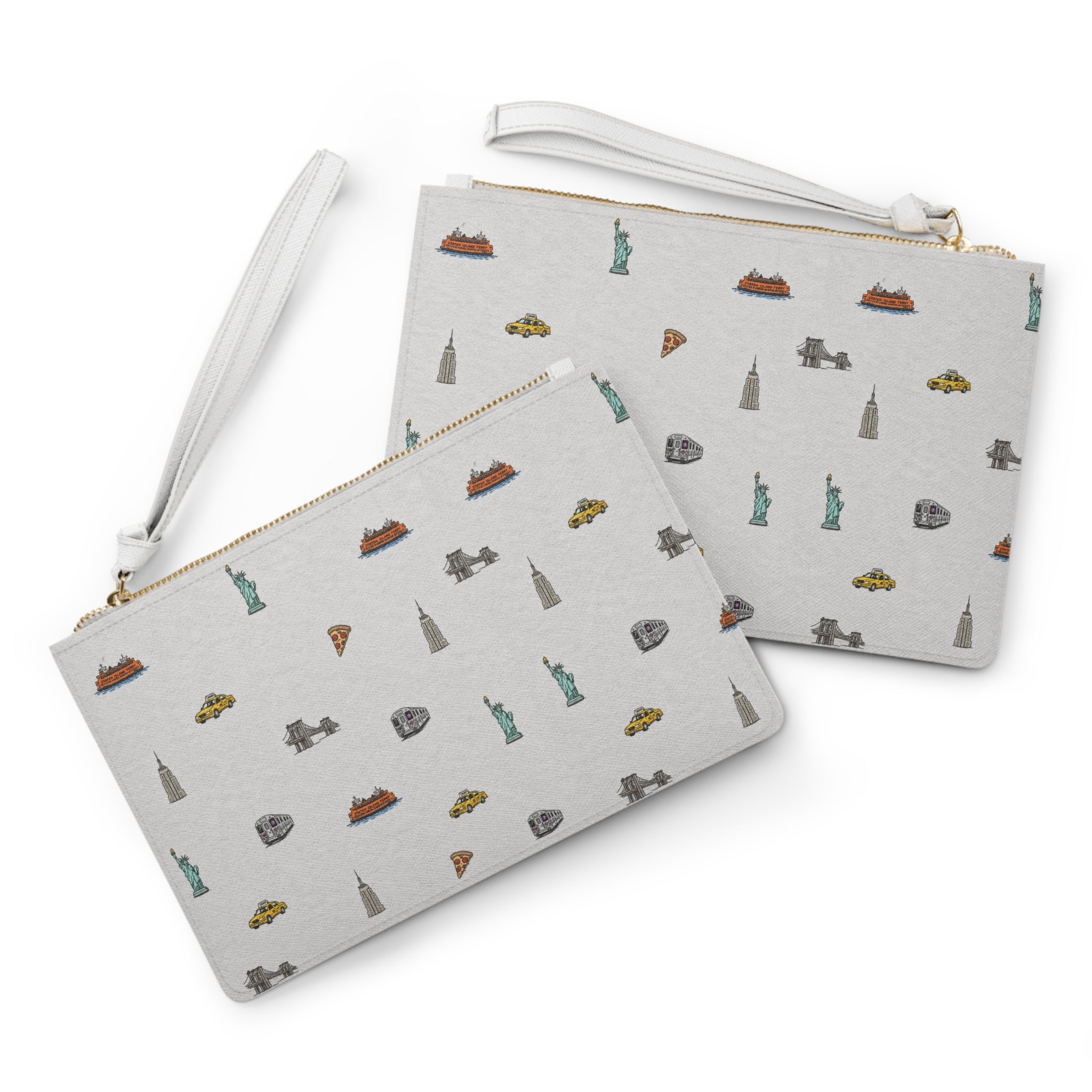 Icons of New York City Heather Gray Clutch — Statue of Liberty, Taxi & Pizza Pattern