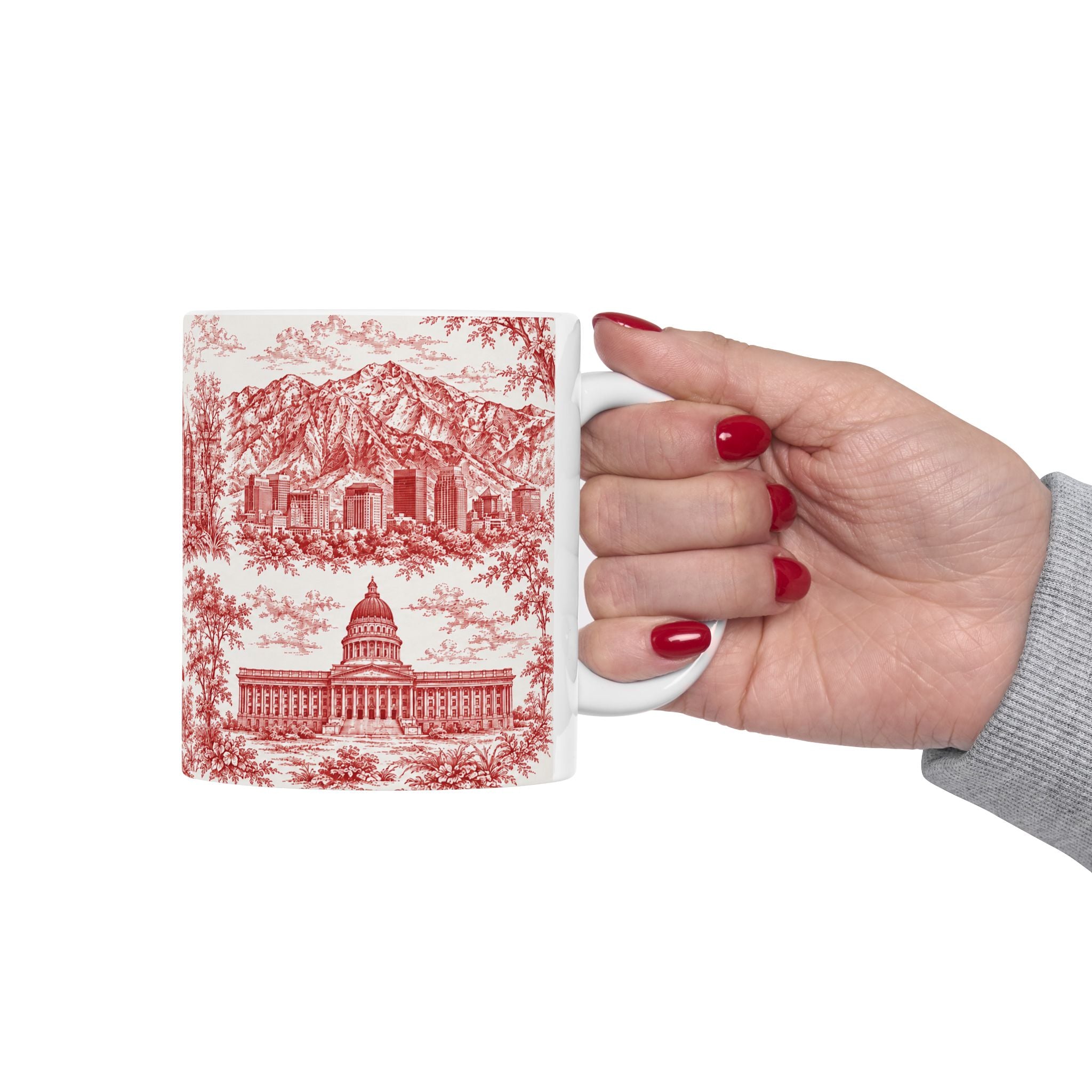 Salt Lake City Red Toile de Jouy Mug —  Ceramic Coffee Cup (11oz)