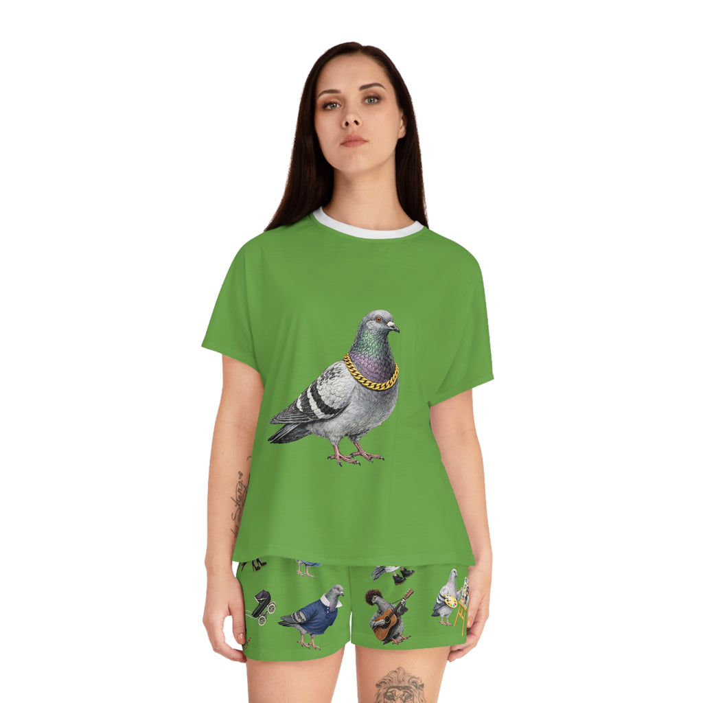 Green NYC Pigeon Pattern Short Pajama Set | New York City Bird Lovers PJs Cozy Sleepwear