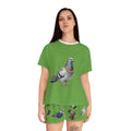 Green NYC Pigeon Pattern Short Pajama Set | New York City Bird Lovers PJs Cozy Sleepwear