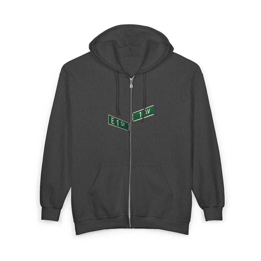 East Village 1st Avenue and East 1st Street Sign Zip Up Hoodie | New York City Nexus of the Universe Hooded Sweatshirt