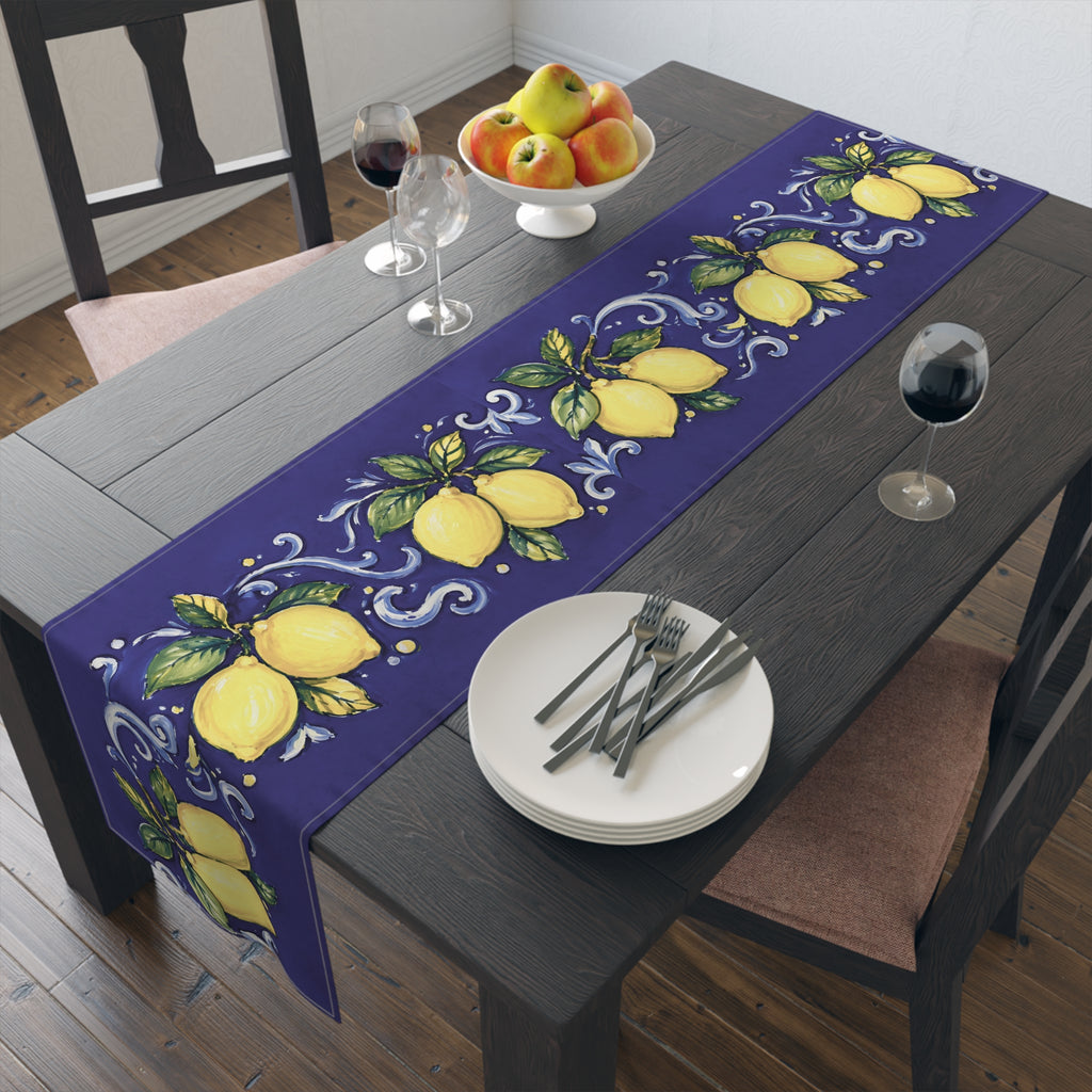 Little Italy Amalfi Blue with Lemon Table Runner – Mediterranean Blue & Yellow Dining Decor