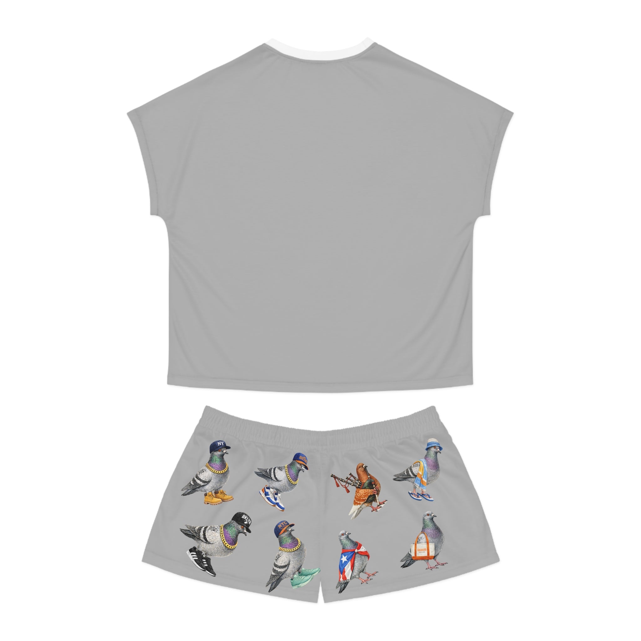 Gray NYC Pigeons Pattern Short Pajama Set | New York City Bird Lovers PJs Cozy Sleepwear
