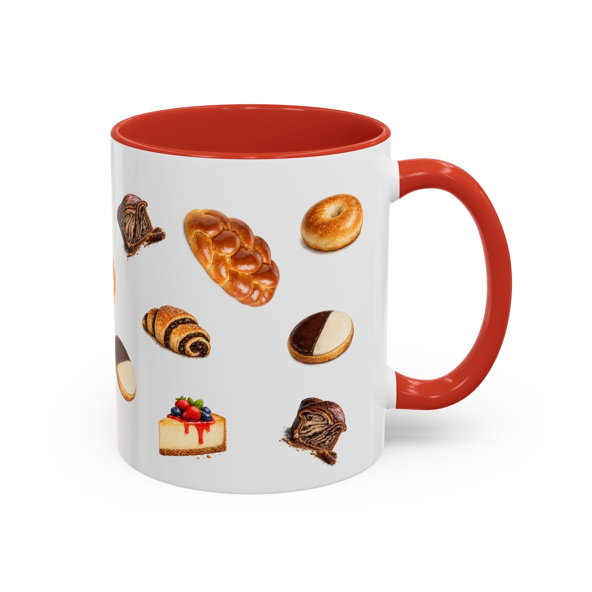 NYC Kosher Bakery Pattern Mug | Babka Cheesecake Rugelach Black + White Cookie Challah Bagel 11oz Ceramic Coffee Cup
