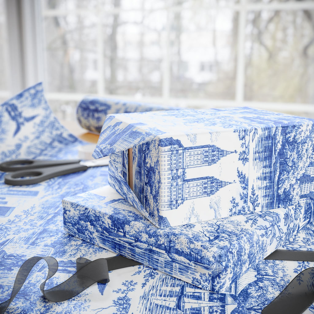 Central Park Blue Toile NYC Wrapping Paper | New York City Scenic Toile Pattern Roll