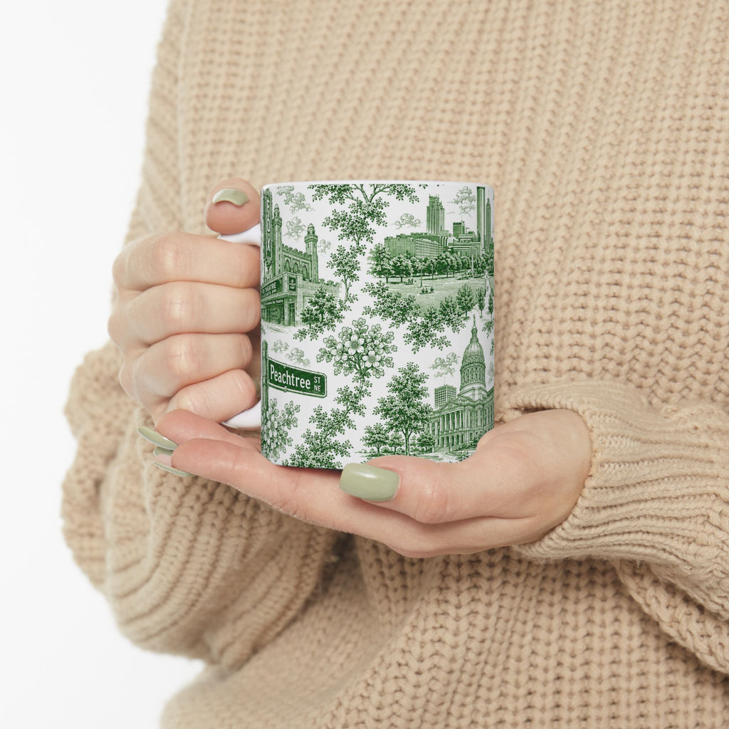 Atlanta Green Toile de Jouy Ceramic Mug — Atlanta, Georgia Skyline & Capitol Illustration (11oz)