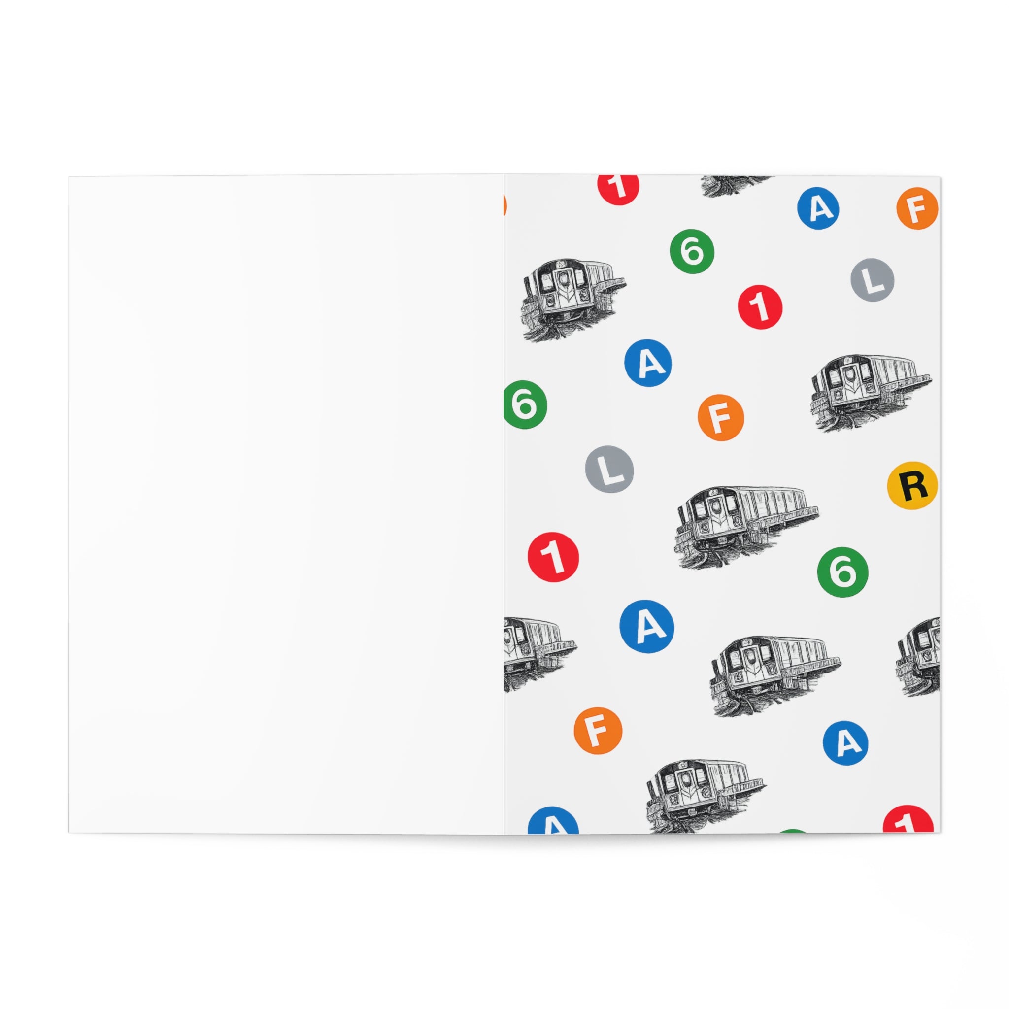 Tarjeta de felicitación con iconos de tránsito de tren del metro de Nueva York | Paquete de 7 tarjetas de notas en blanco con patrón del metro de NYC