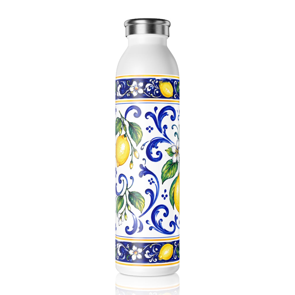 Little Italy Amalfi Blue and White with Lemon Slim Water Bottle — Mediterranean Lemon Ceramic-Style Stainless Bottle