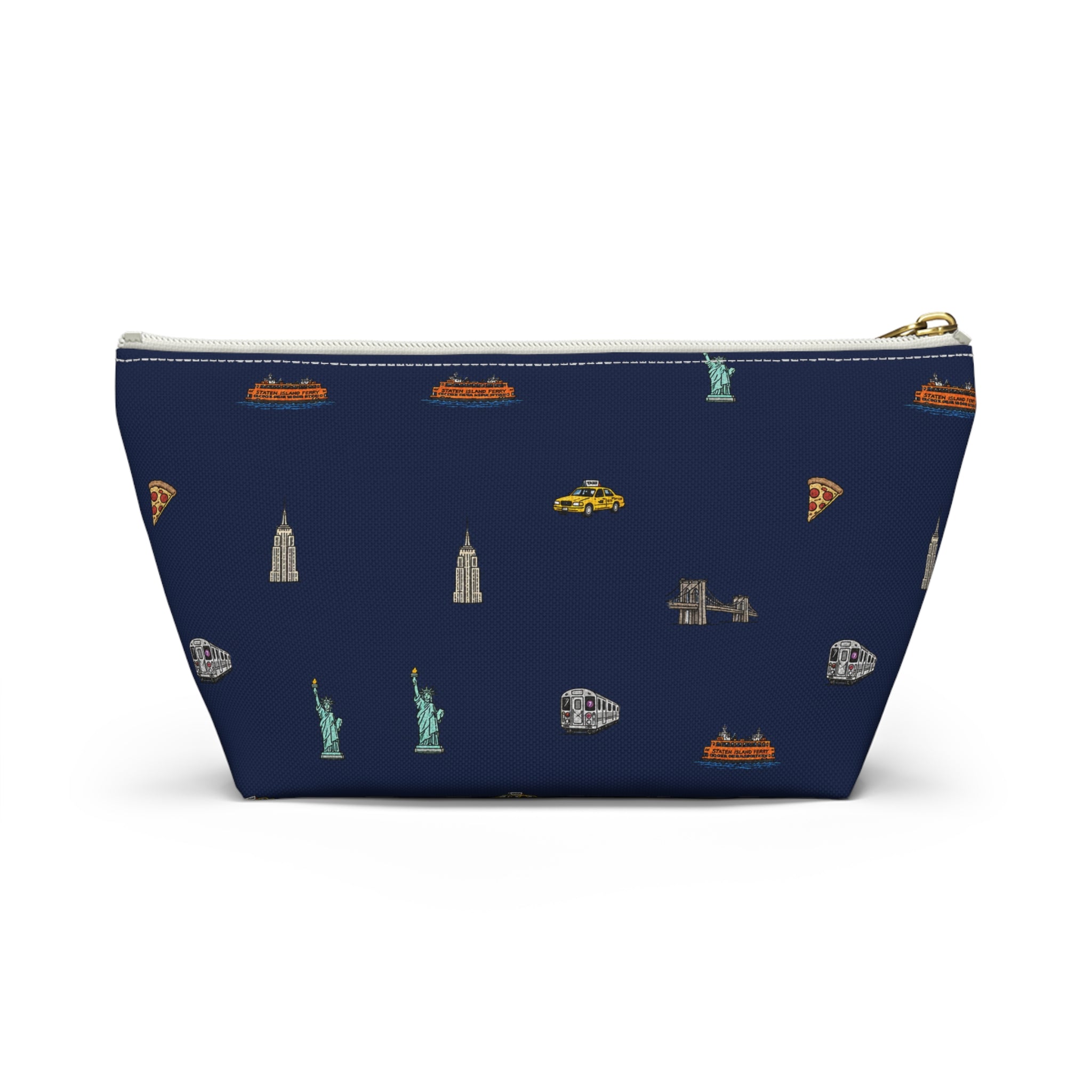 Icons of New York City Navy Blue Accessory Pouch — T-Bottom Makeup Bag with Statue of Liberty, Taxi & Pizza Pattern