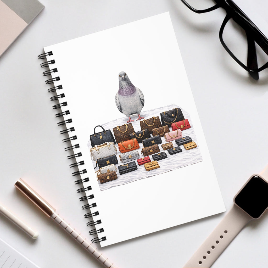 Customizable Canal Street Pigeon Spiral Journal |  Bootleg Luxury Handbags Bird Lovers Notebook