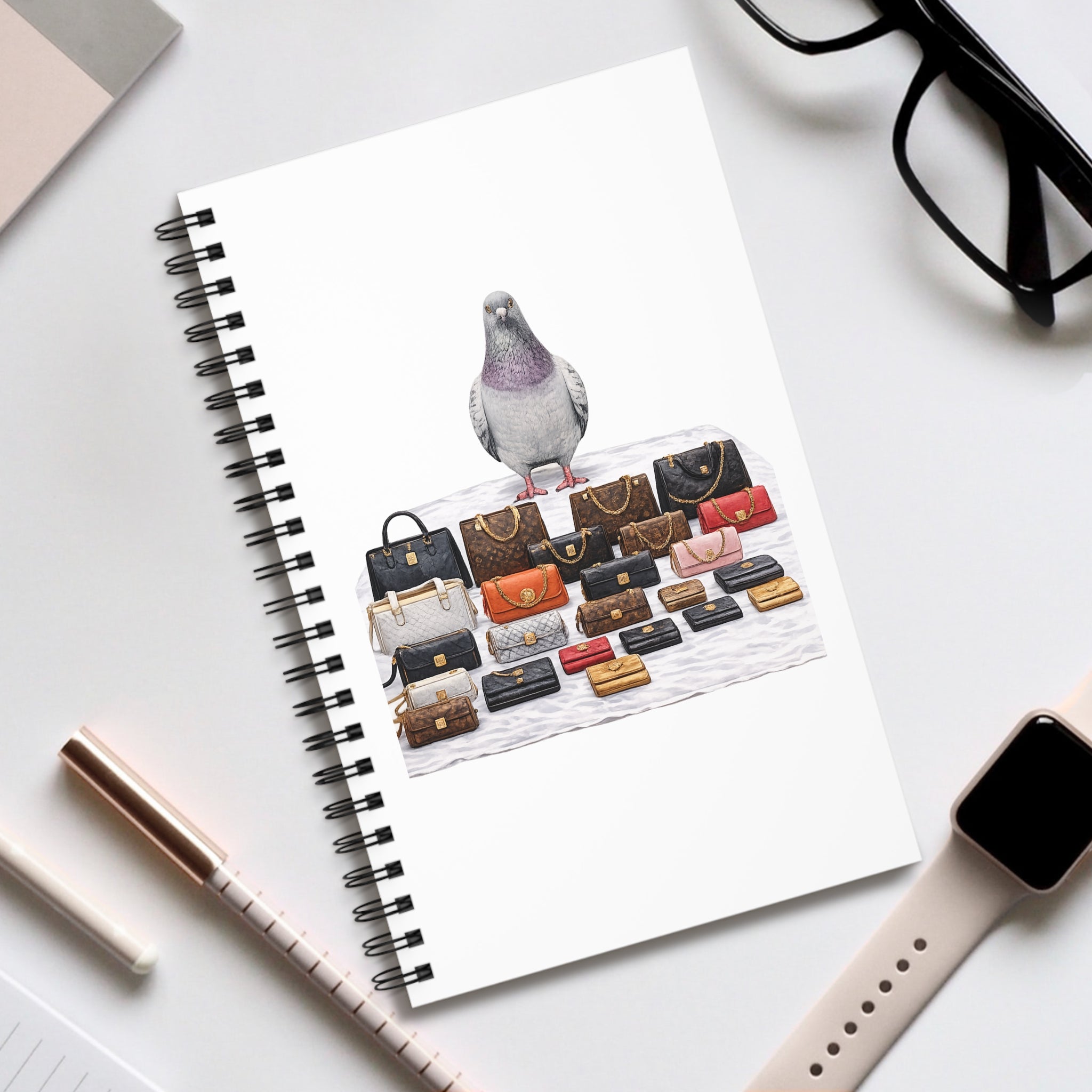 Customizable Canal Street Pigeon Spiral Journal |  Bootleg Luxury Handbags Bird Lovers Notebook
