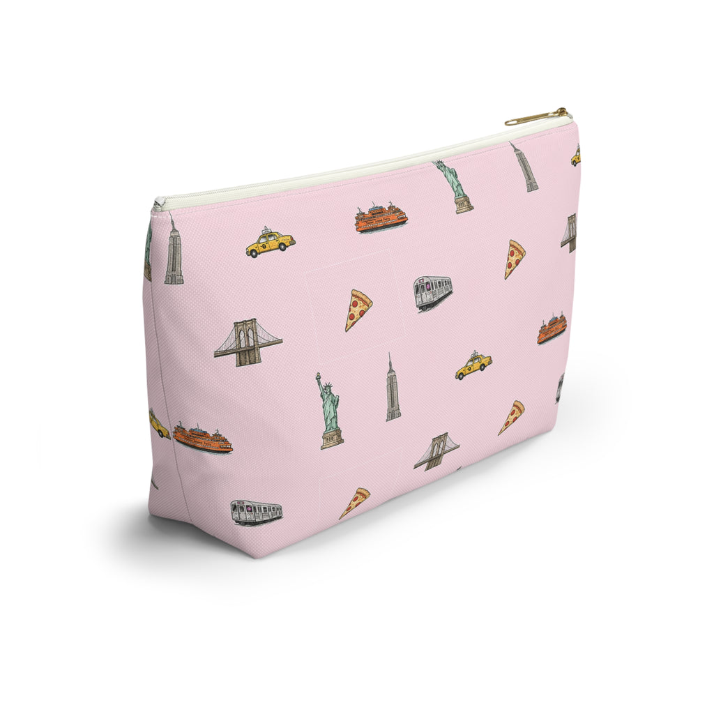 Icons of New York City  Large Pink Accessory Pouch — T-Bottom Makeup Bag with Statue of Liberty, Taxi & Pizza Pattern