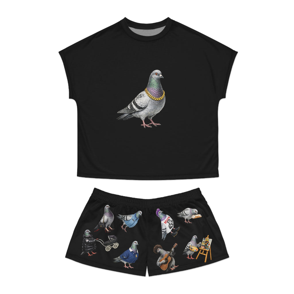 Black NYC Pigeons Pattern Short Pajama Set | New York City Bird Lovers Print PJs Cozy Sleepwear